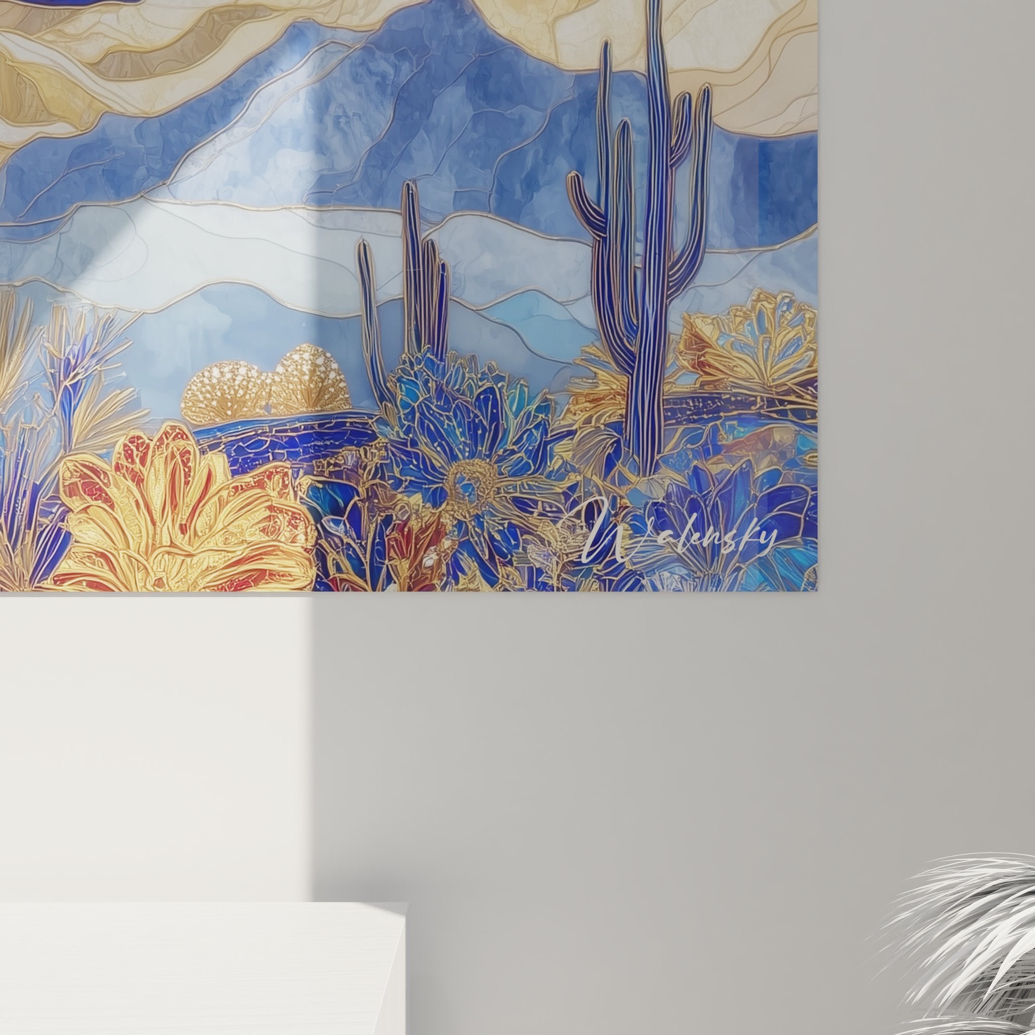 Vue ensemble tableau mural désert artistique tons bleus et or avec végétation