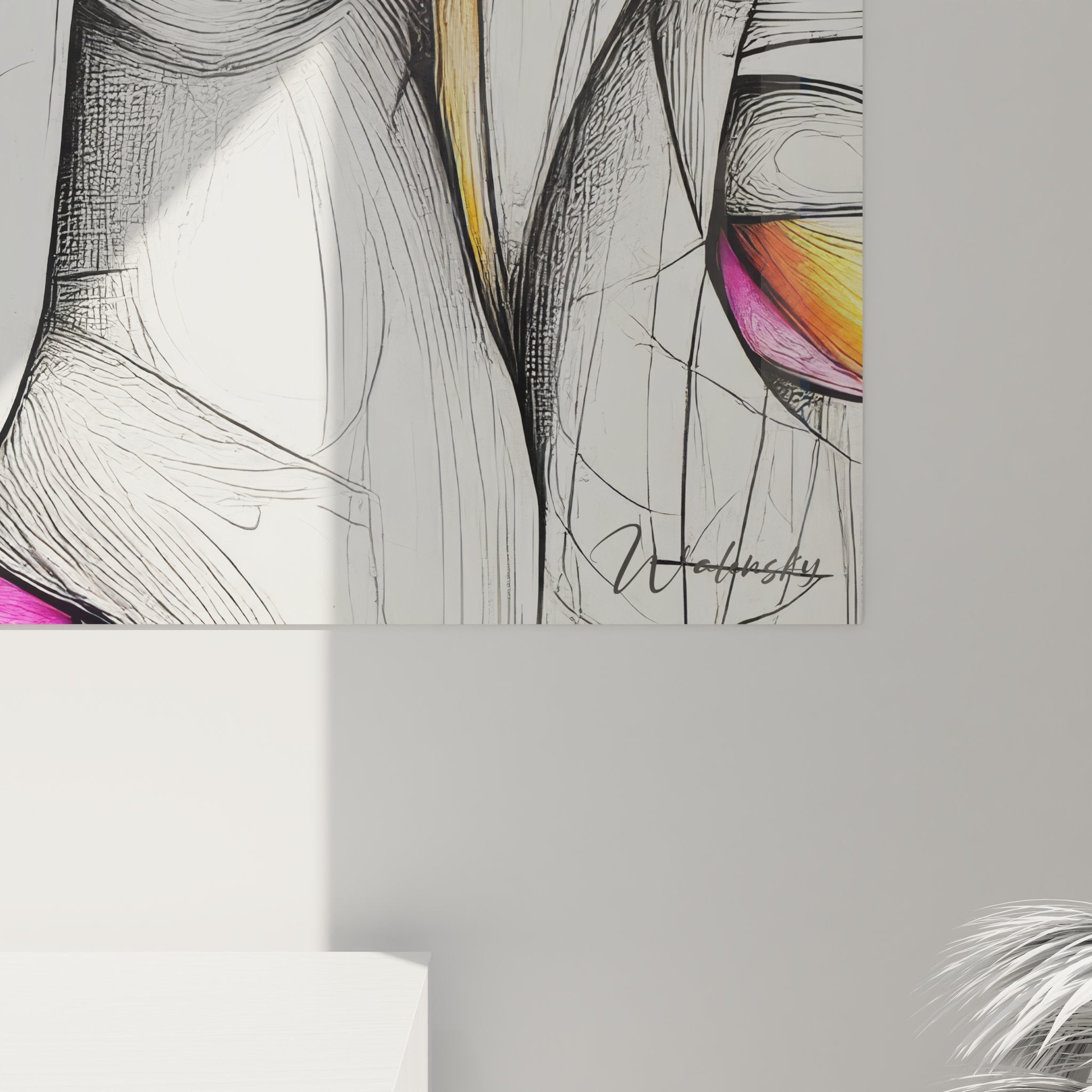 Vue ensemble tableau mural dessin abstrait féminin décoration intérieure moderne