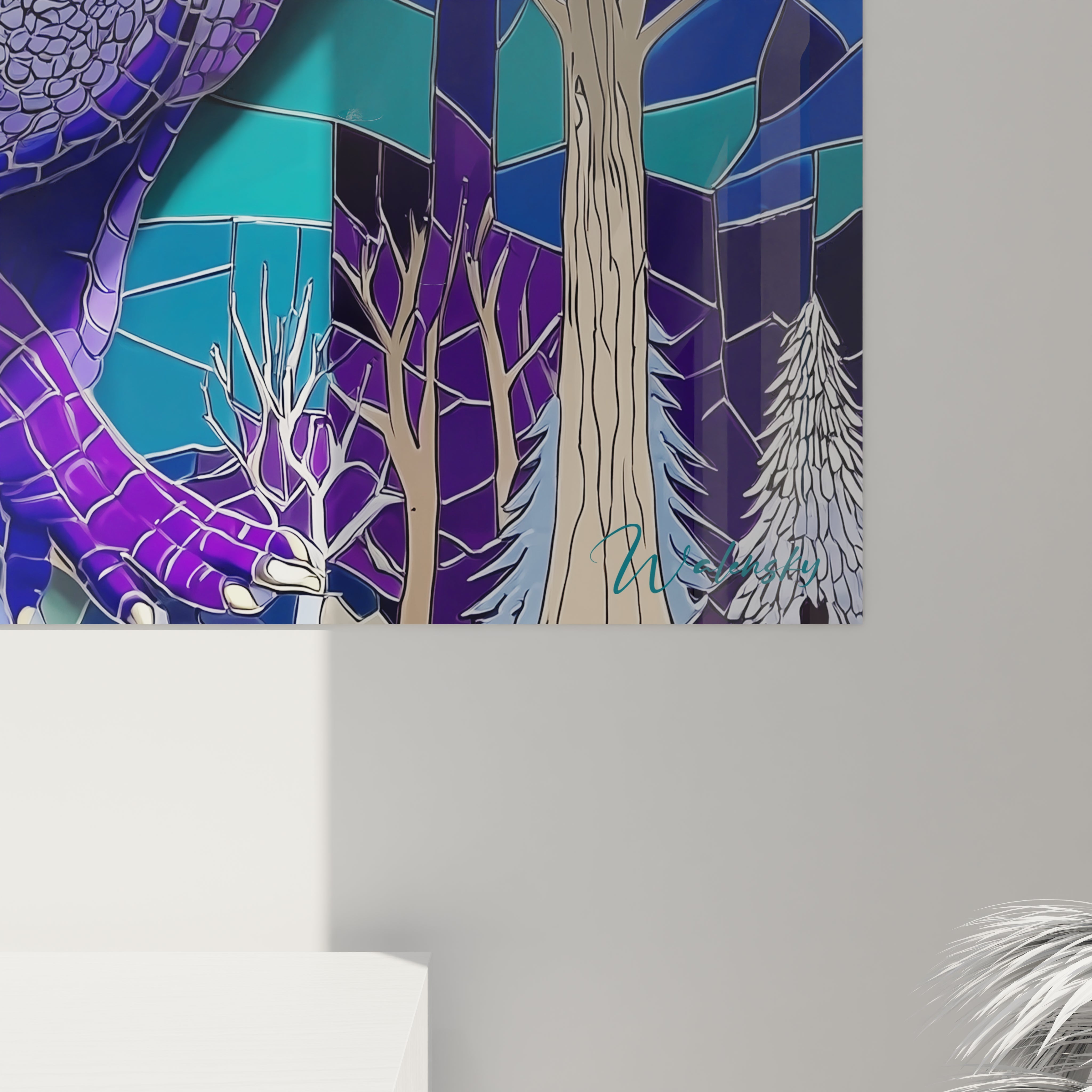 Vue ensemble tableau mural dinosaure design mosaïque colorée décoration moderne