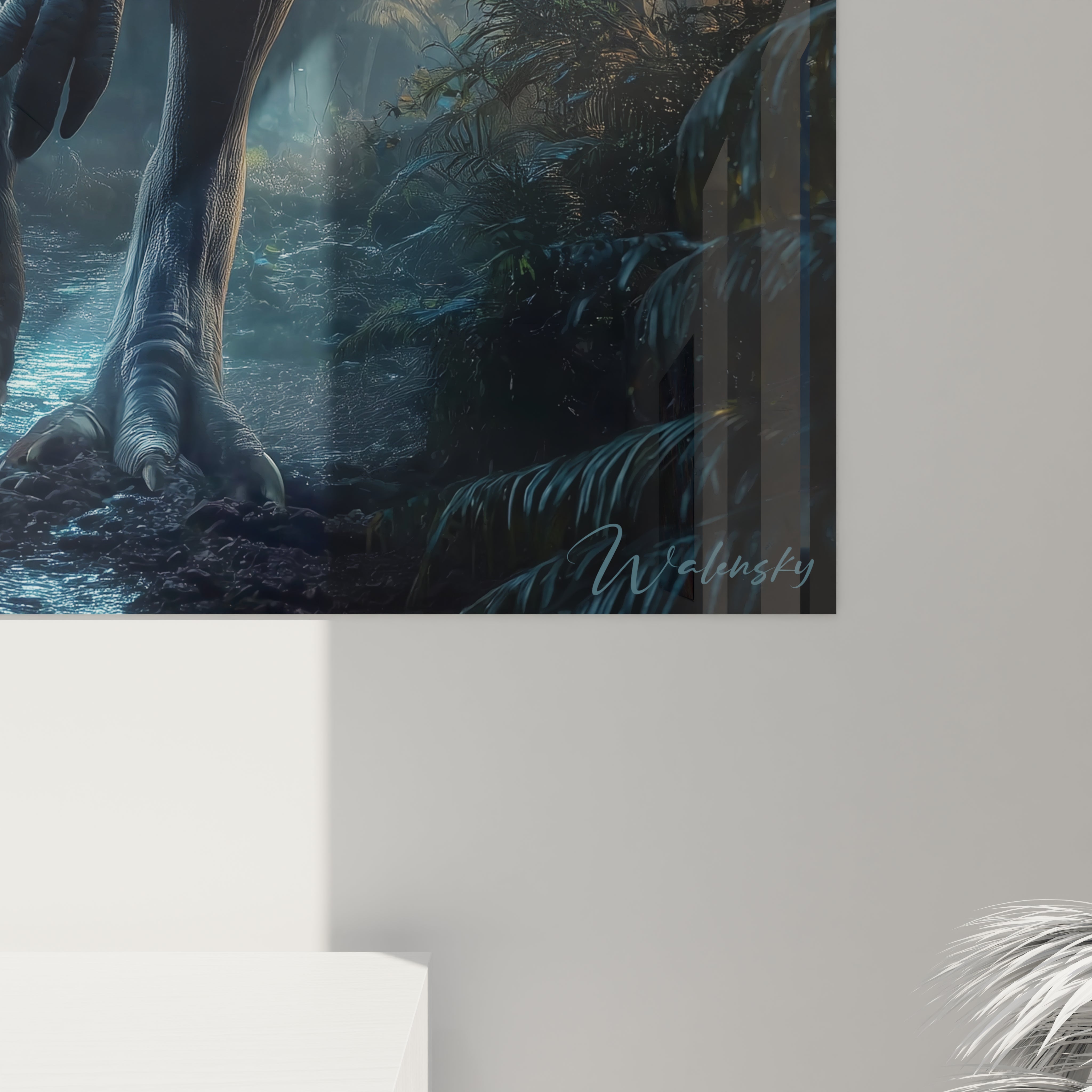 Vue ensemble tableau mural dinosaure Compsognathus, art décoratif préhistorique grand format