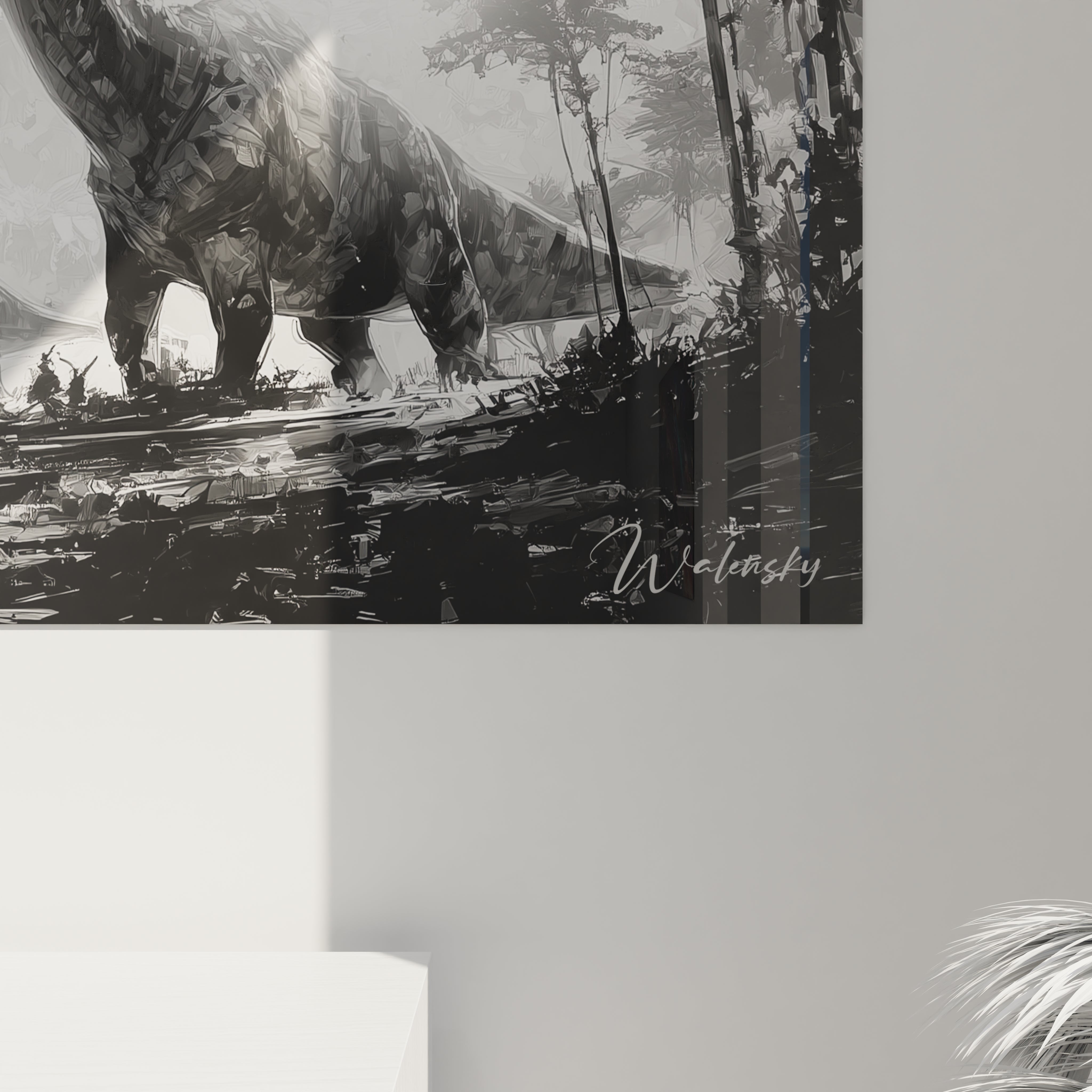 Vue ensemble tableau mural dinosaure diplodocus décoration intérieur moderne noir blanc