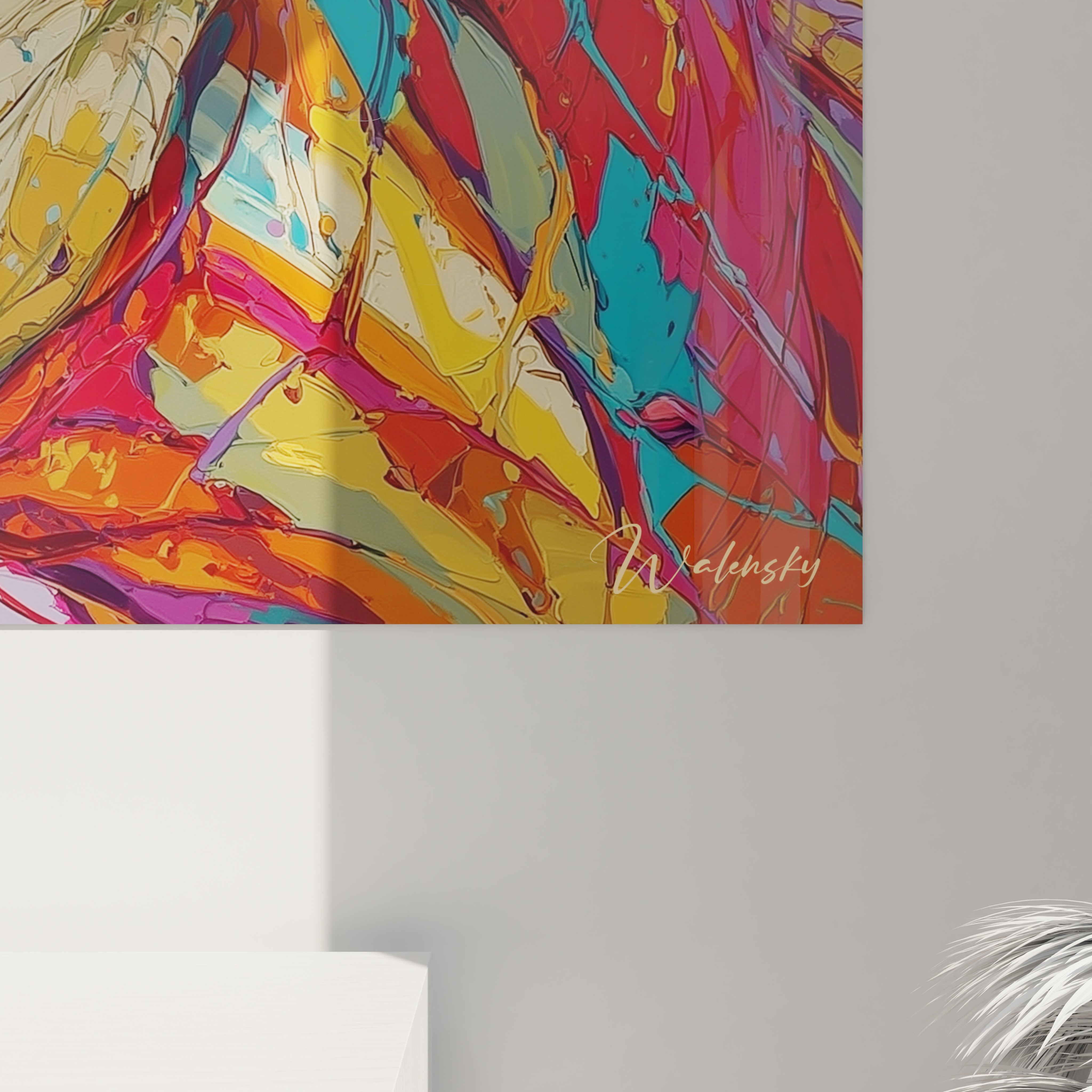 Vue d'ensemble tableau mural dinosaure T-Rex coloré style contemporain décoration artistique