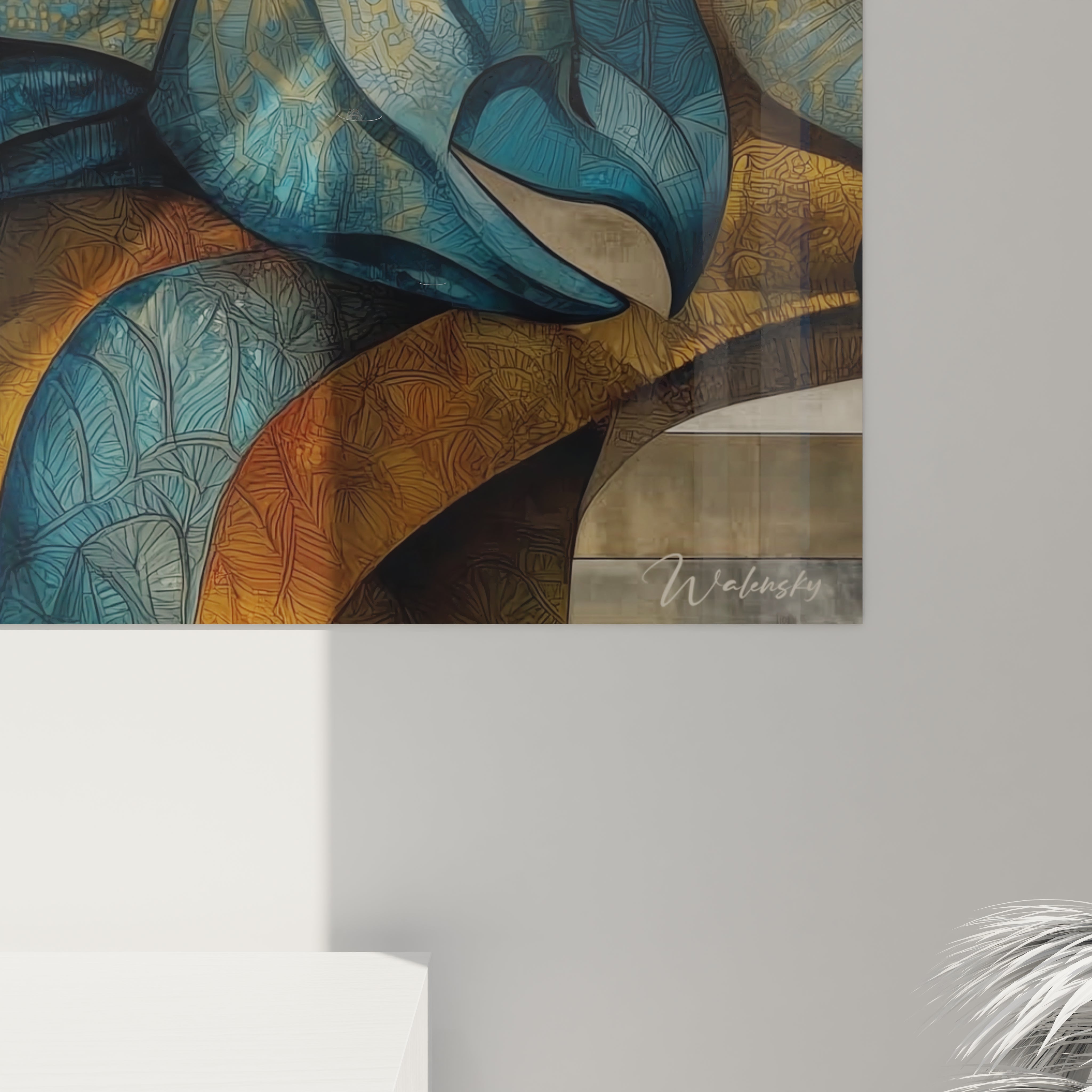 Vue d'ensemble tableau mural dinosaure triceratops style mosaïque avec nuances dorées bleues pour intérieur contemporain