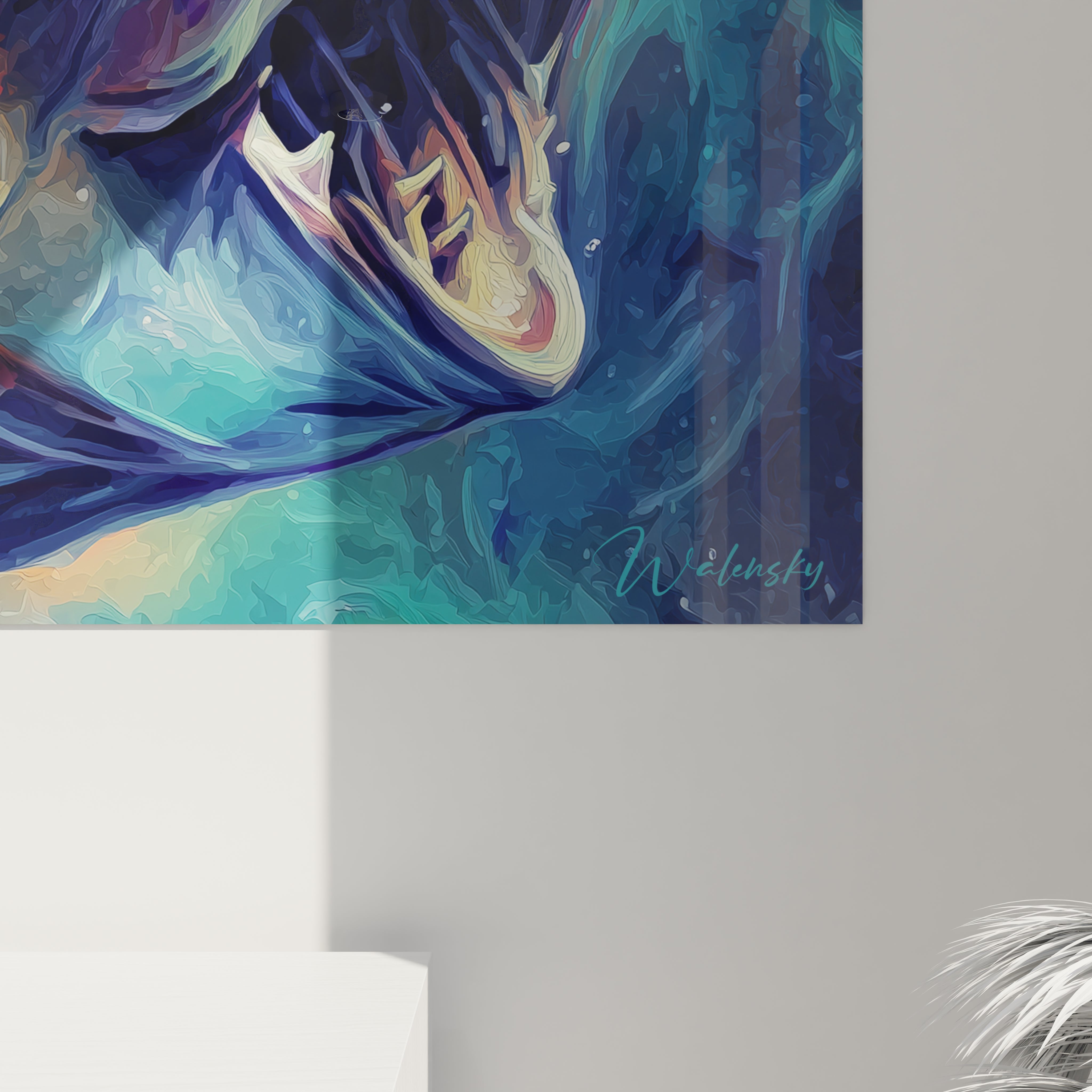 Vue ensemble tableau mural Dunkleosteus art digital, prédateur préhistorique style moderne flammes