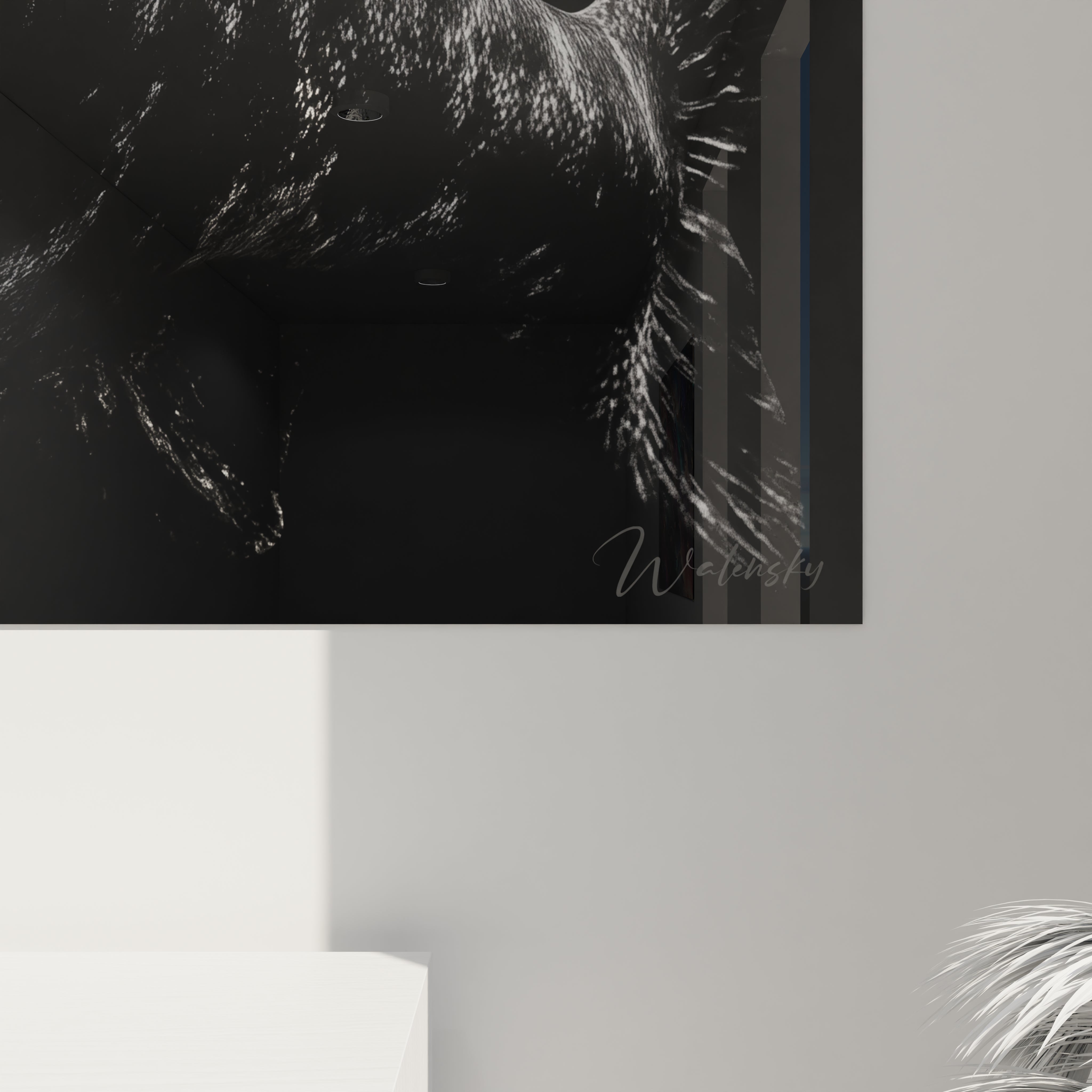 Vue d'ensemble tableau mural Dunkleosteus dans intérieur contemporain, art paléontologique décoratif