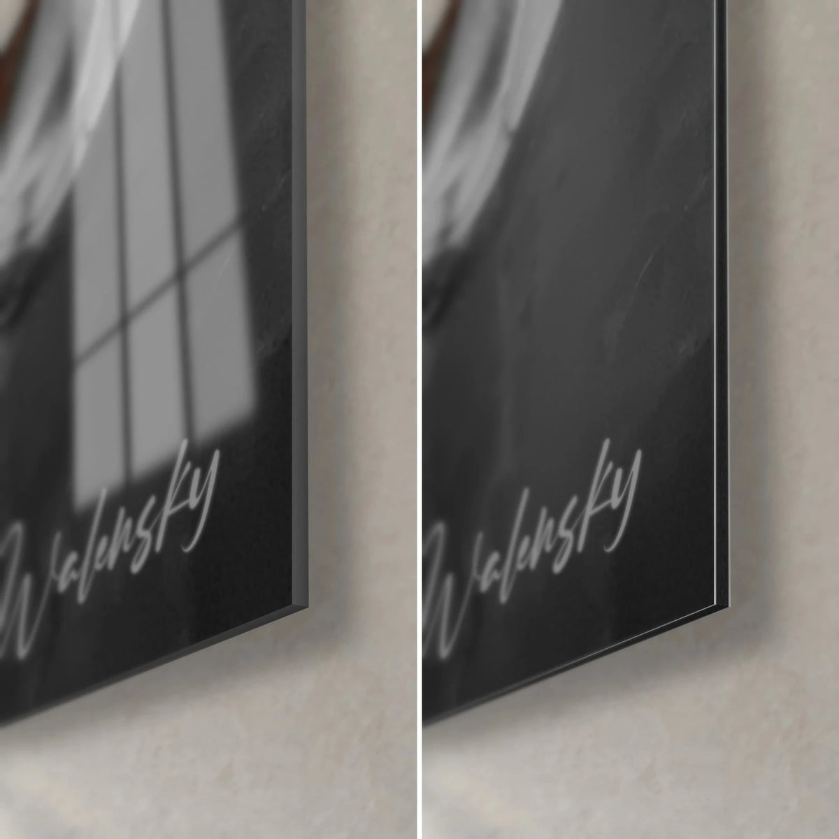 Schilderij roofdier van de diepzee in witte mozaïekschubben, handtekening Walensky, rechtsonder hoek met glanzend glas en mat zwart Dibond