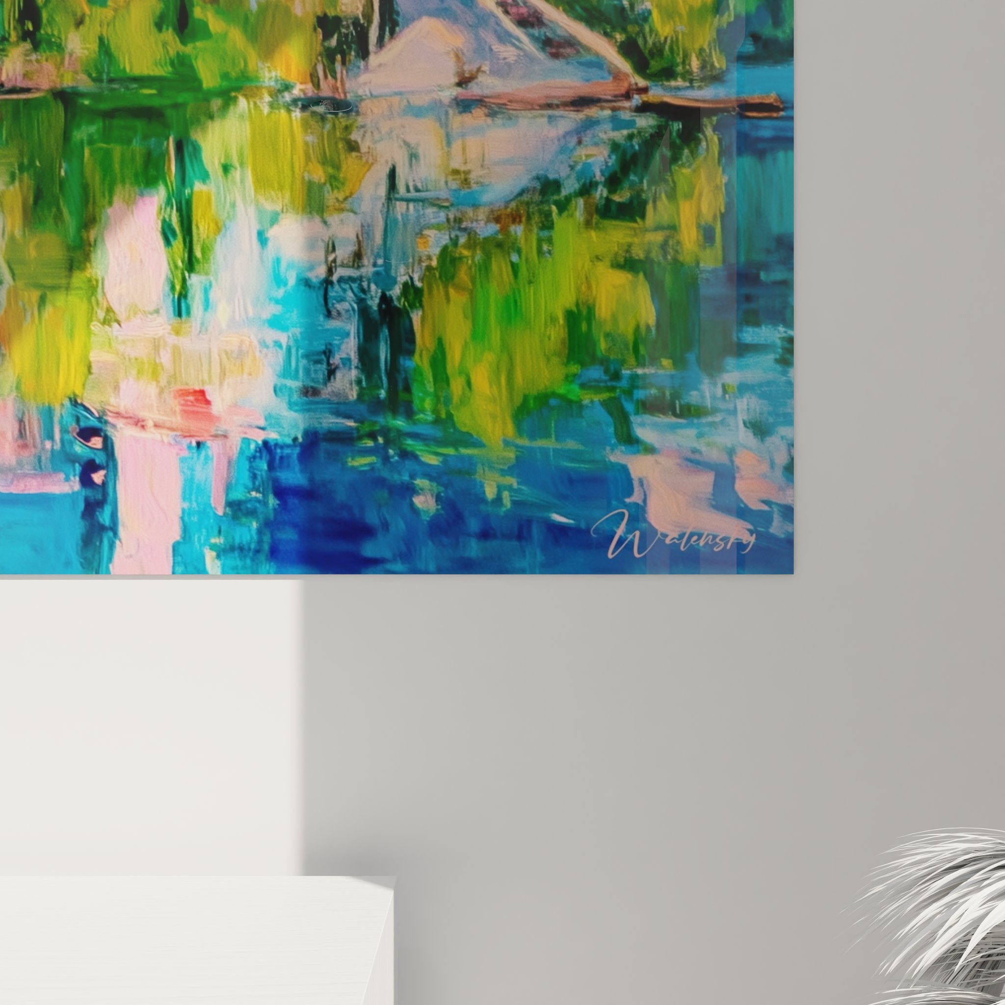 Vue ensemble tableau mural église lac alpin reflets colorés décoration intérieure