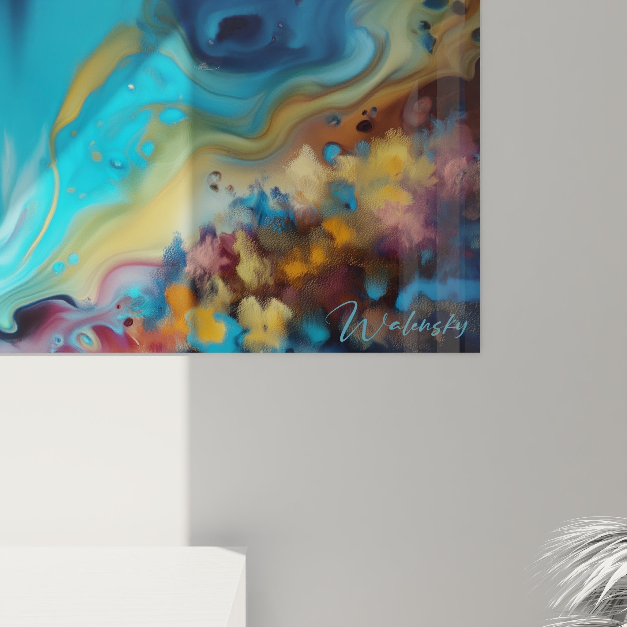 Vue d'ensemble tableau mural église sur île, art contemporain aux reflets aquatiques stylisés