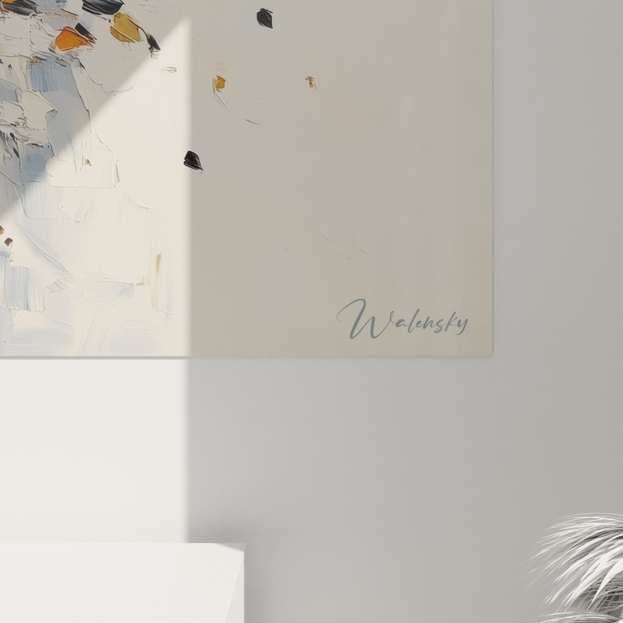 Vue ensemble tableau mural explosion dynamique, art abstrait contemporain orange gris blanc