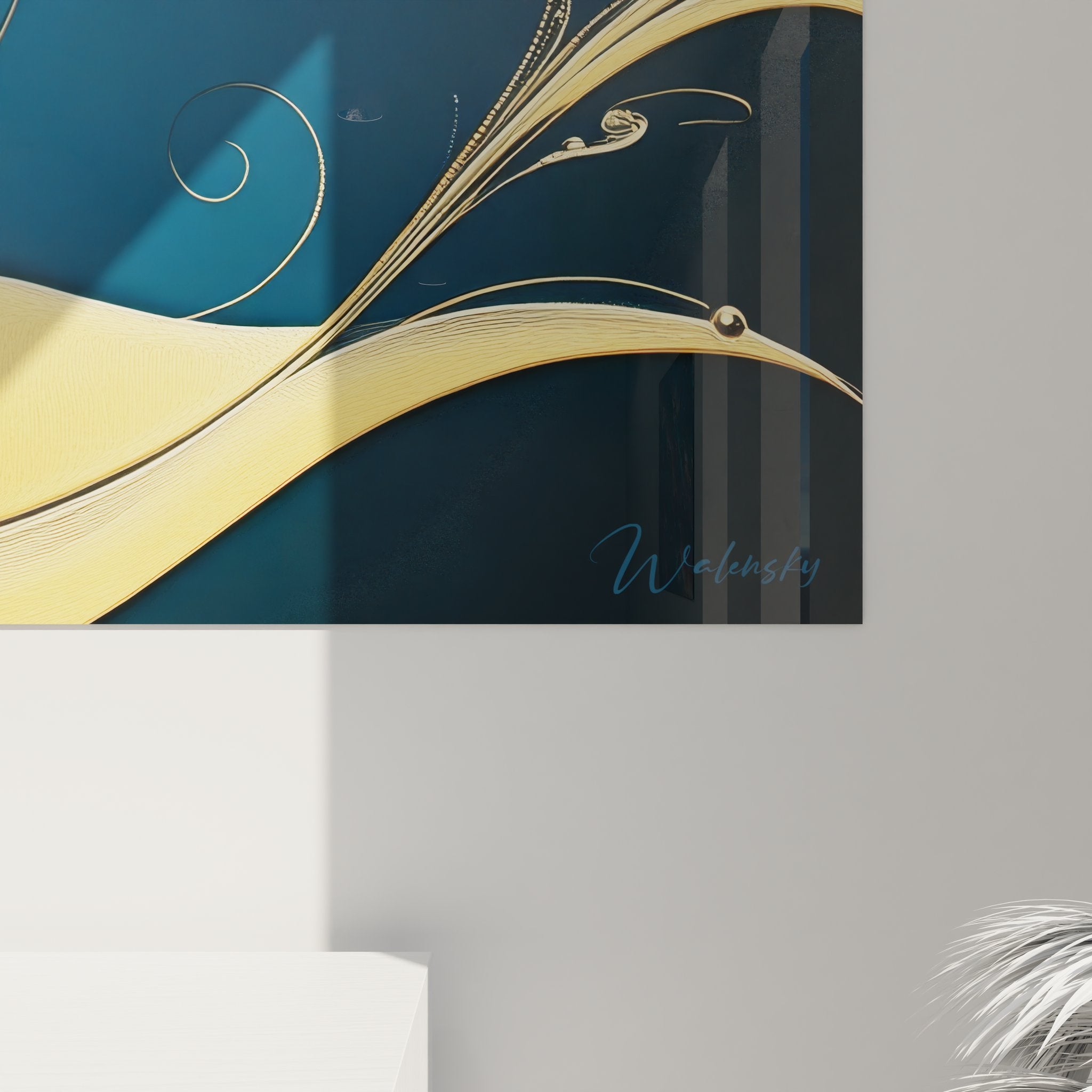 Vue ensemble tableau mural femme élégante profil art moderne décoratif doré bleu