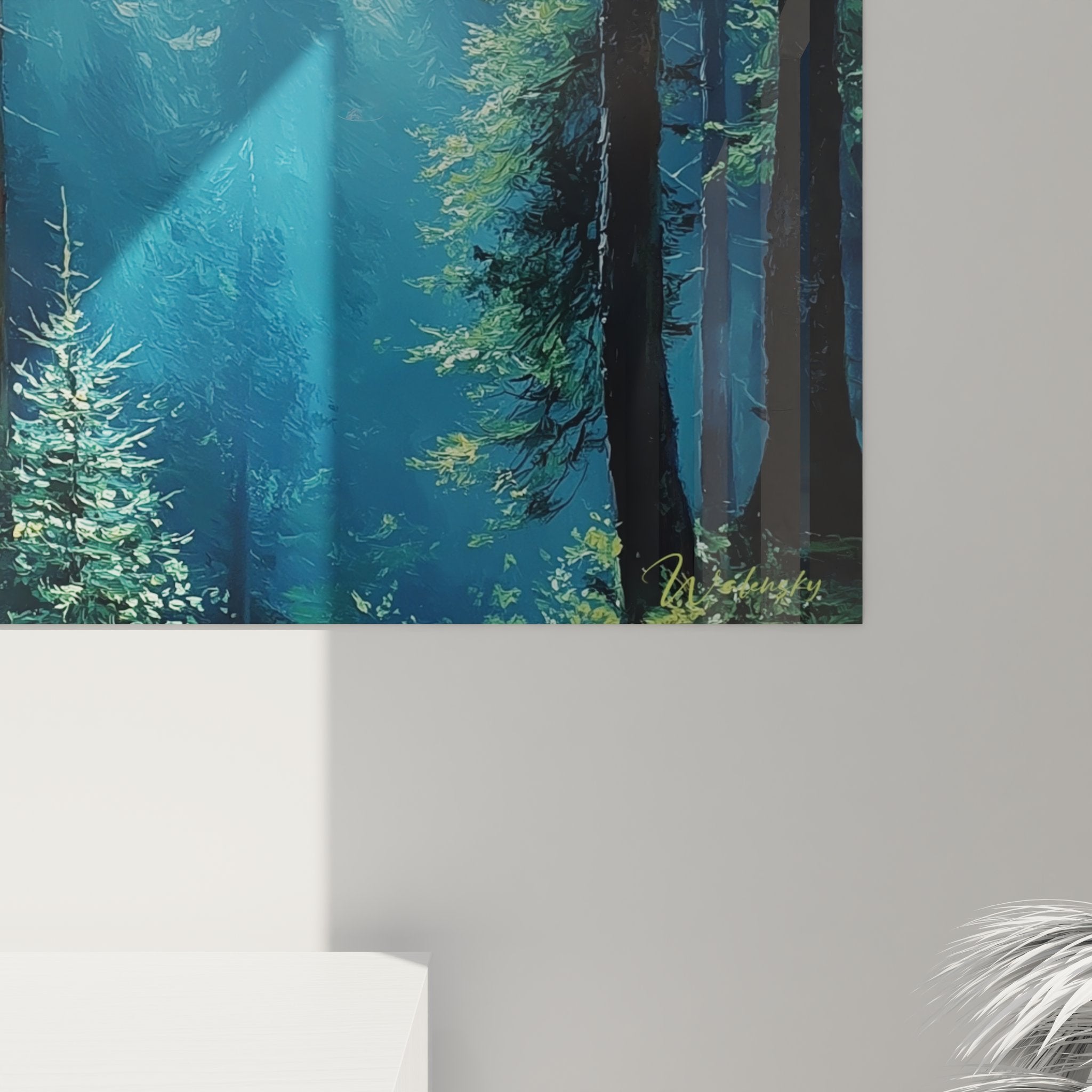 Vue ensemble tableau mural forêt conifères décoration intérieur nature lumière bleue