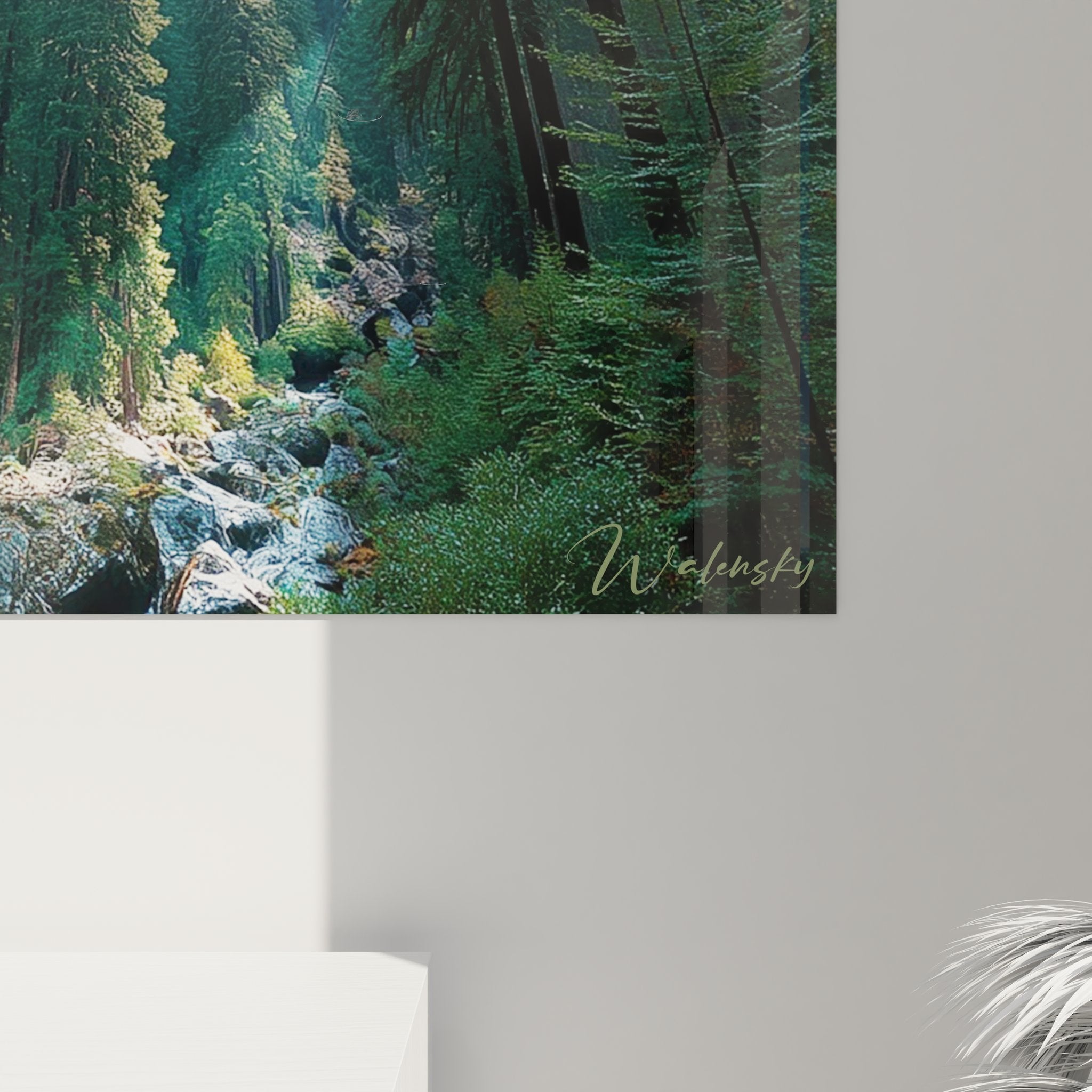 Vue ensemble tableau mural forêt conifères perspective verticale décorant intérieur contemporain élégant