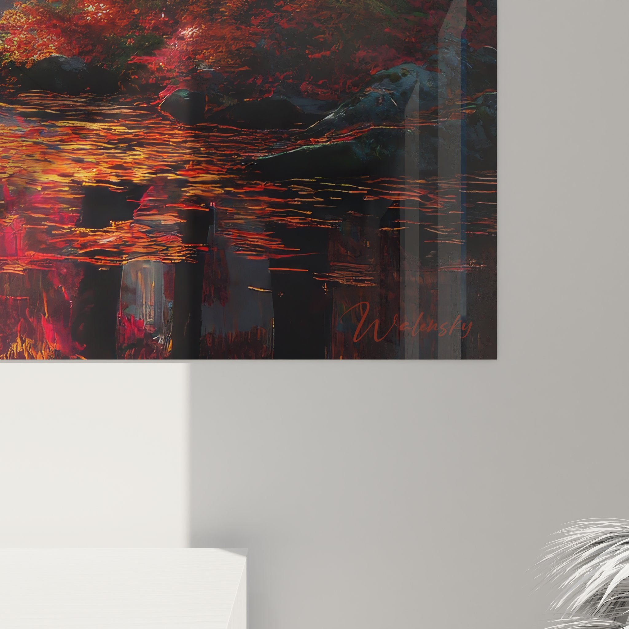 Vue ensemble tableau mural forêt automne lac, composition complète paysage nature aux couleurs flamboyantes