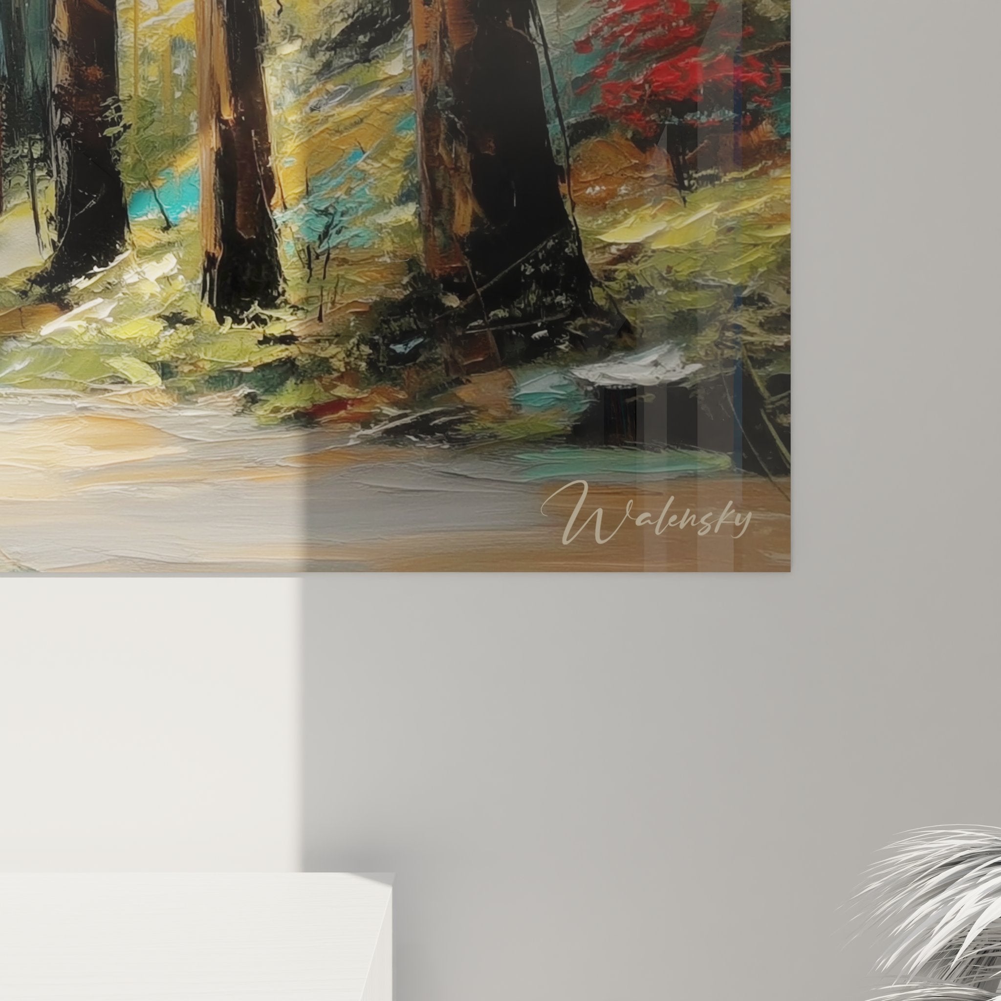 Vue ensemble tableau mural forêt lac montagne dans intérieur contemporain élégant