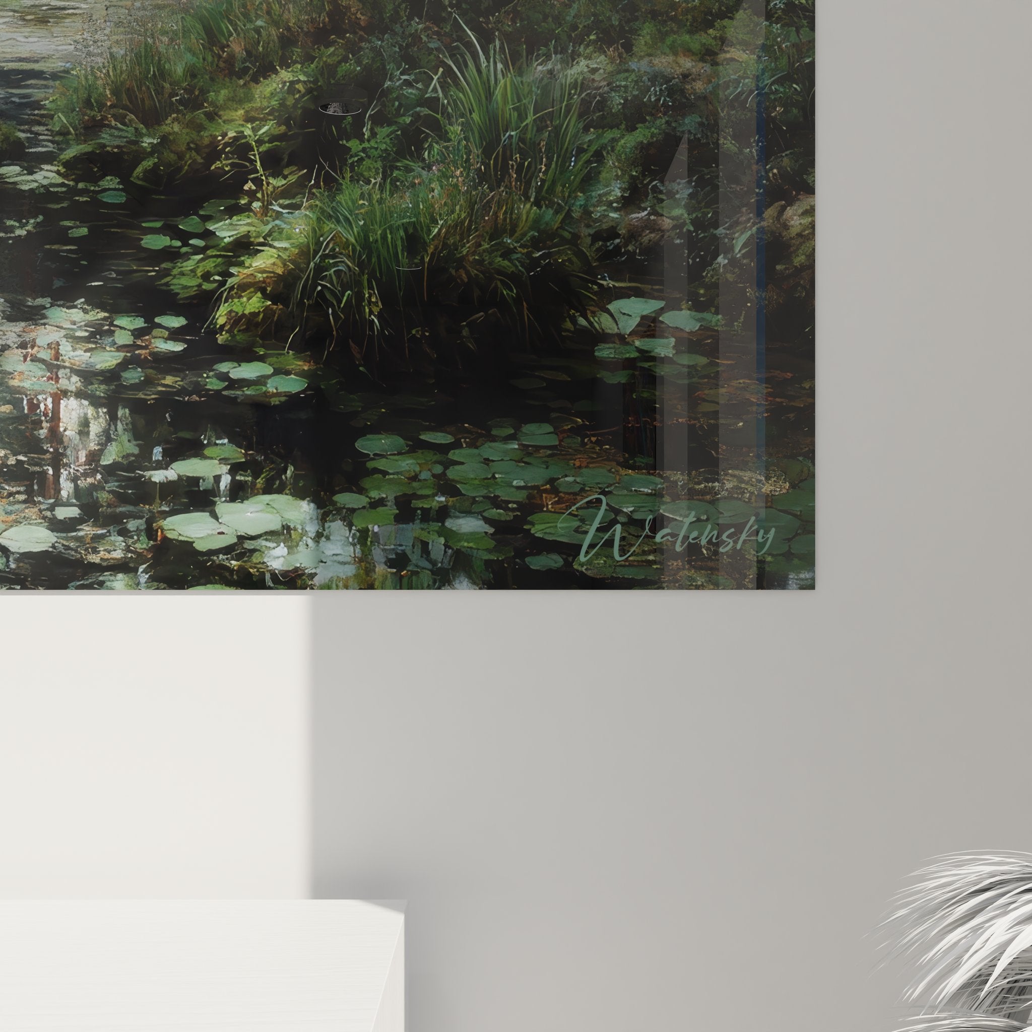 Vue ensemble tableau mural étang forestier, décoration murale nature marécageuse aux tons verts