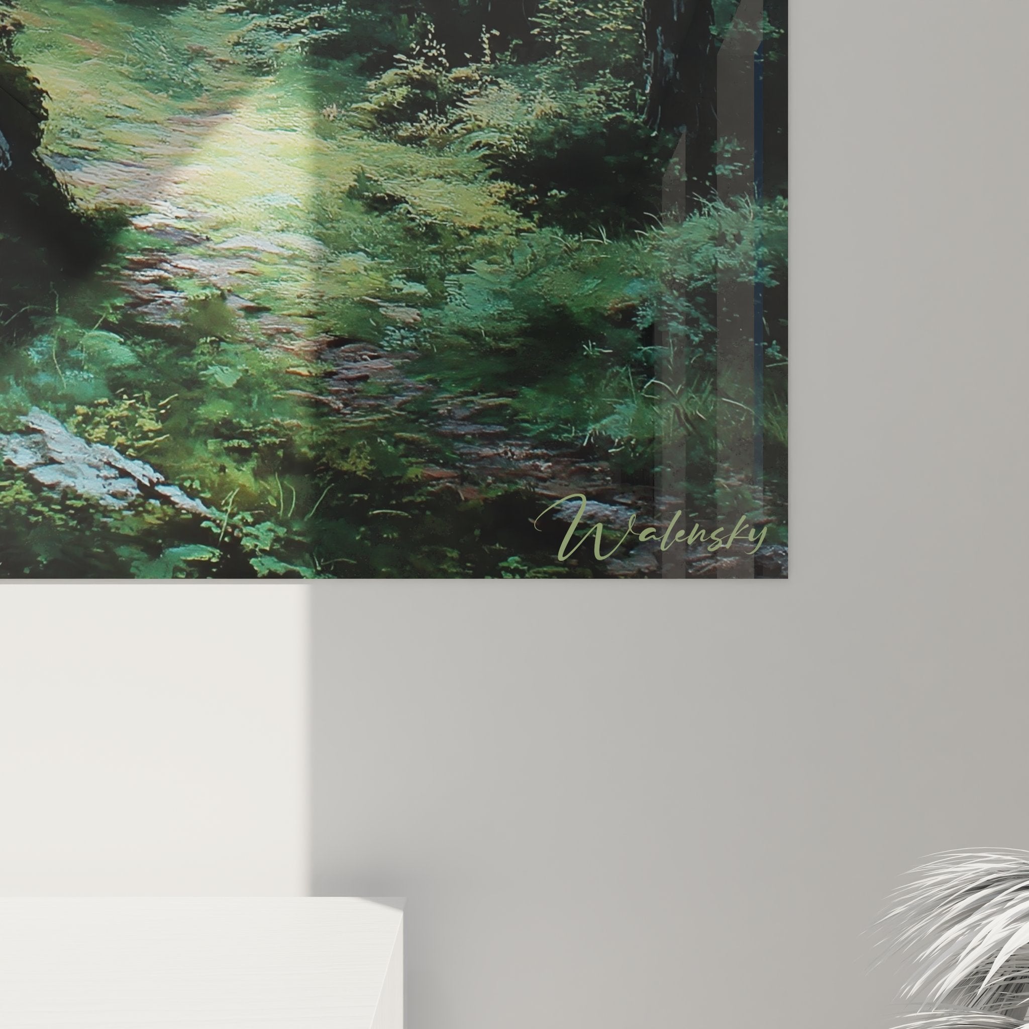 Vue ensemble tableau mural forêt mystérieuse - œuvre complète sentier brumeux avec cadre décoratif