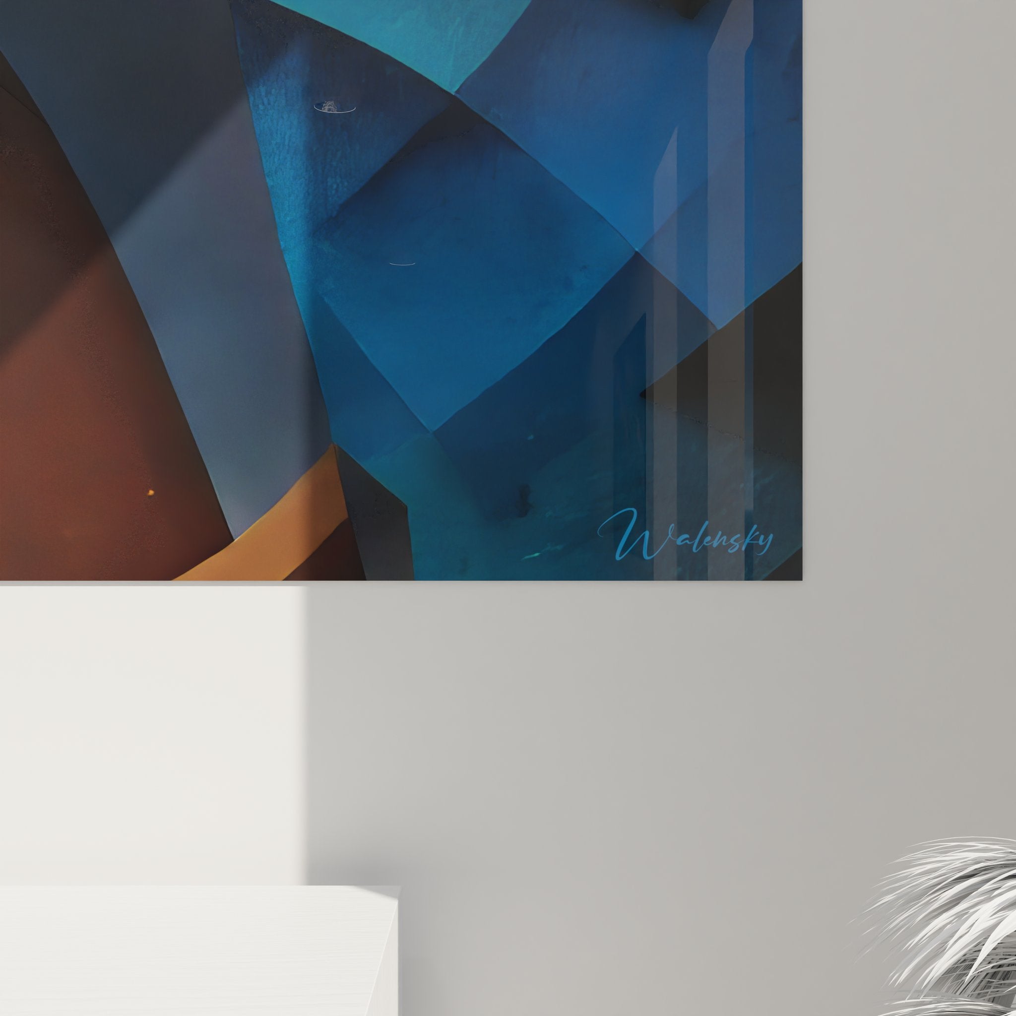 Vue ensemble tableau mural géométrique abstrait formes fluides bleues décoration murale