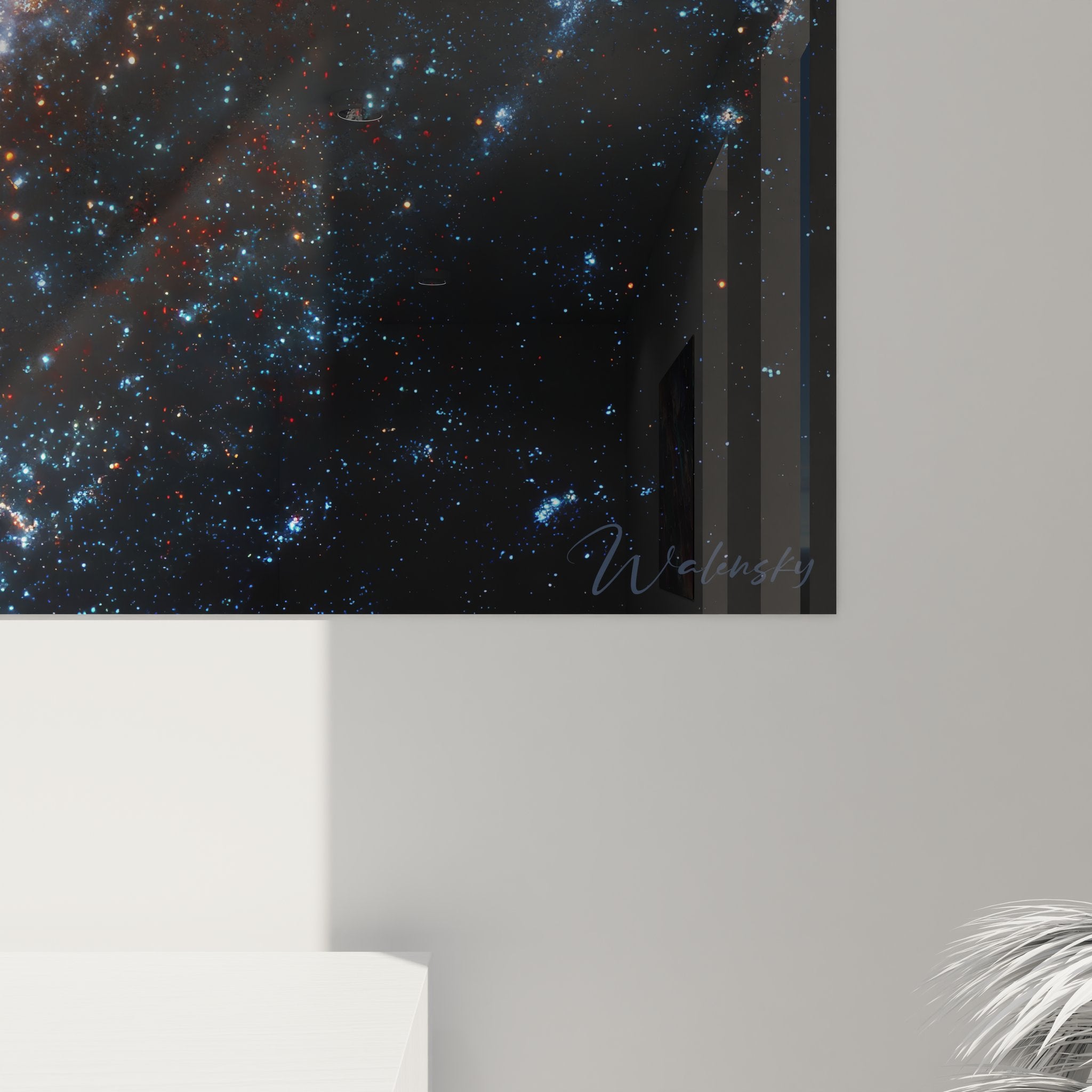 Vue ensemble tableau mural galaxie spirale, décoration space design format panoramique cosmos