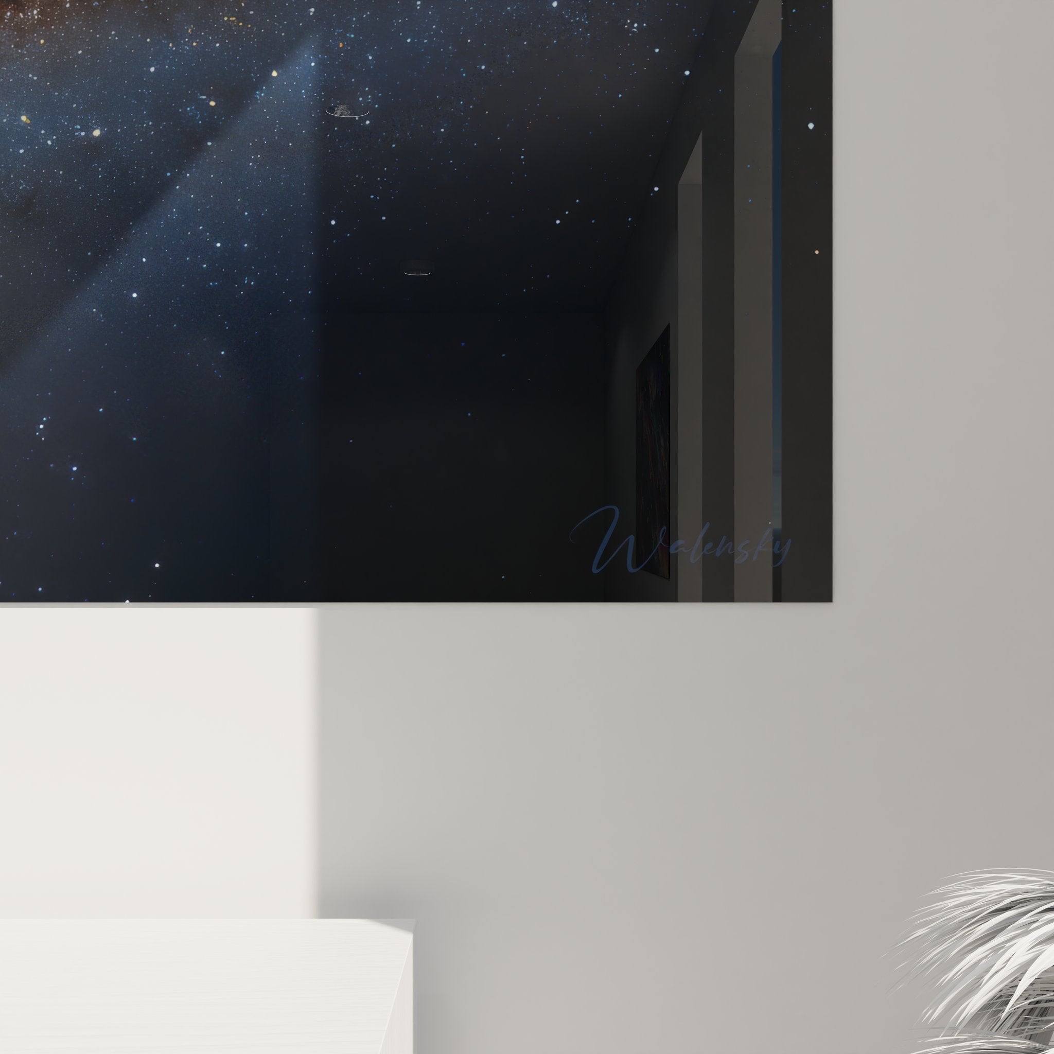 Vue d'ensemble du tableau mural galaxie spirale dans un intérieur contemporain élégant