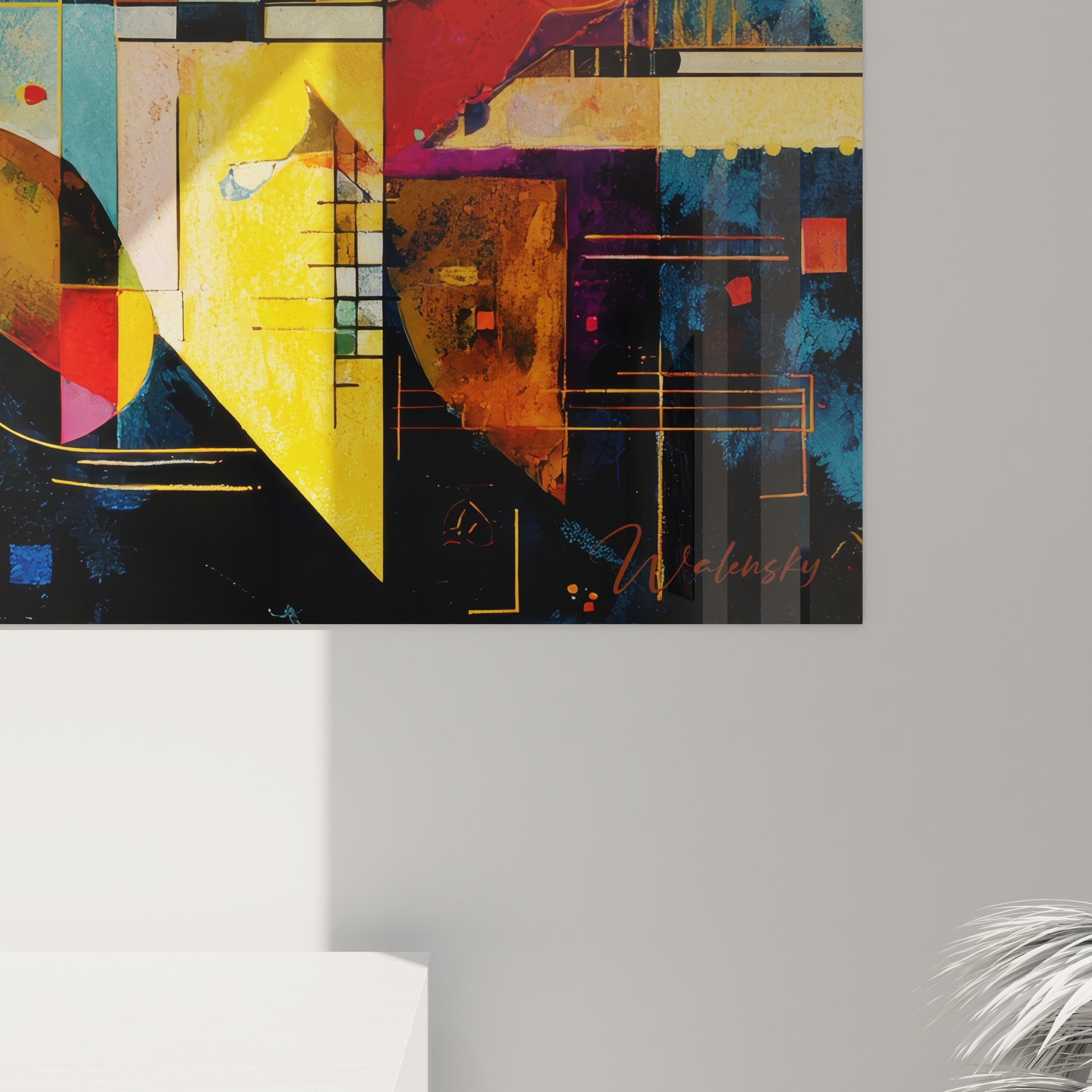 Vue ensemble tableau mural géométrique abstrait composition colorée art moderne décoratif