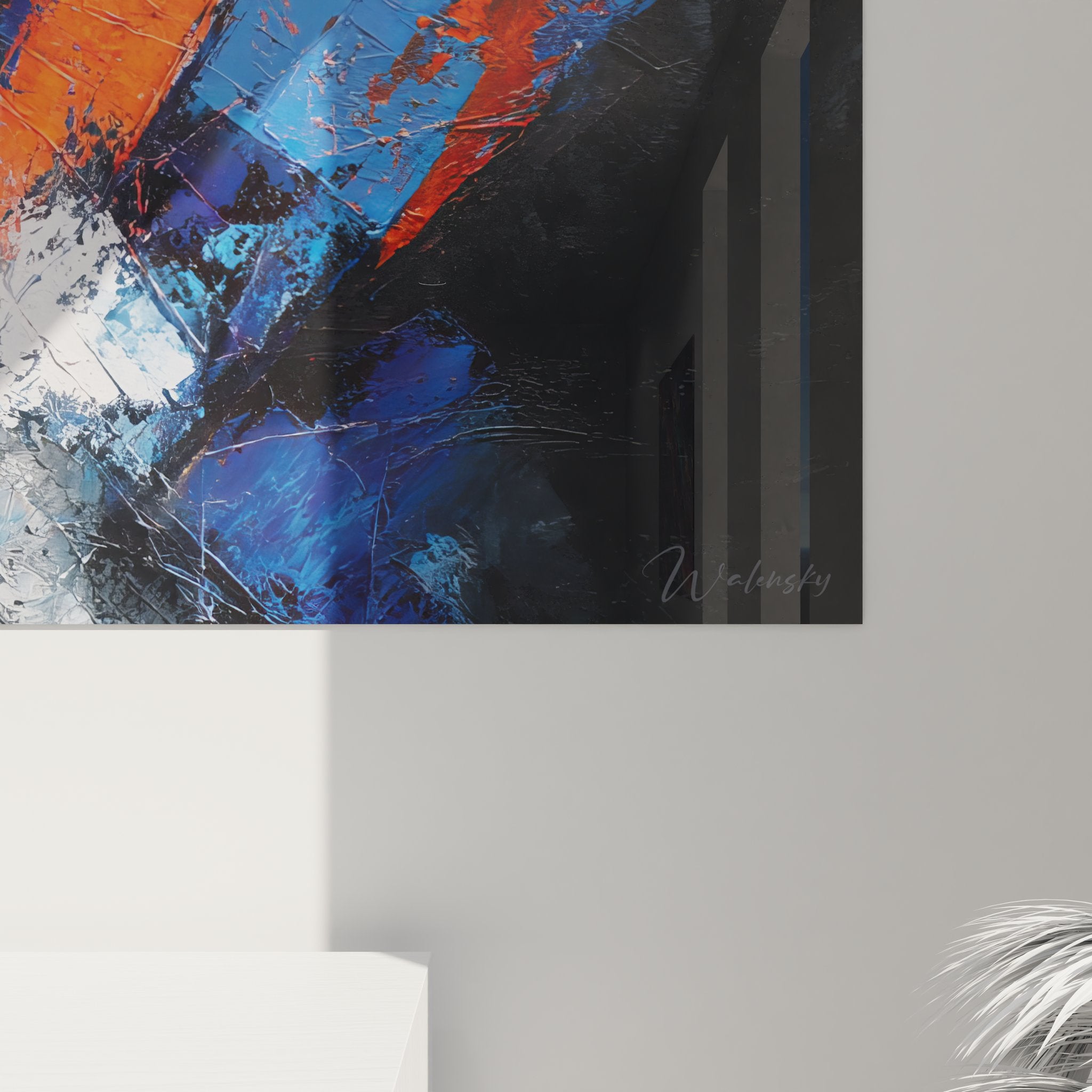 Vue d'ensemble tableau mural géométrique abstrait avec composition dynamique multicolore