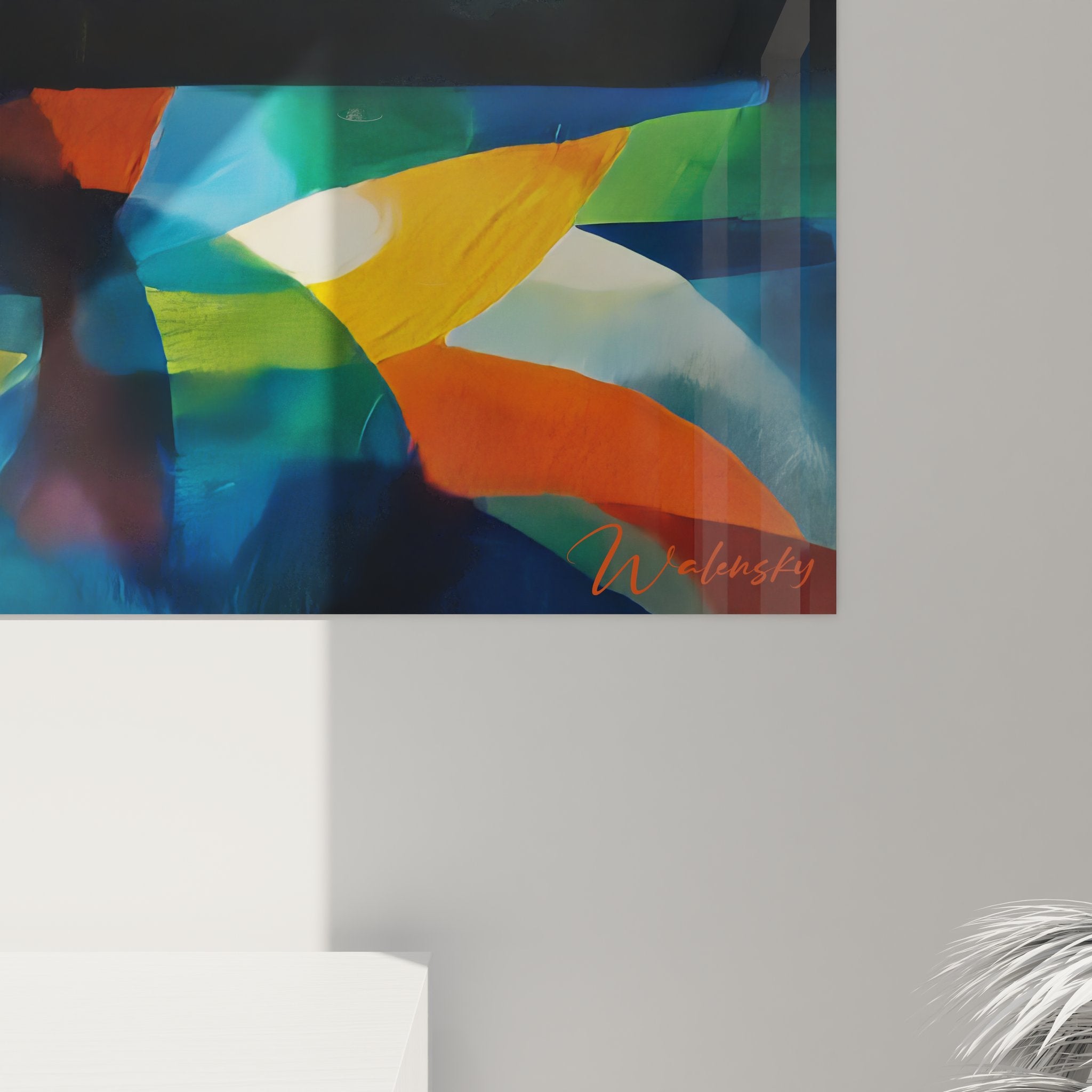 Vue ensemble tableau mural géométrique abstrait, œuvre art moderne aux couleurs vives et formes dynamiques