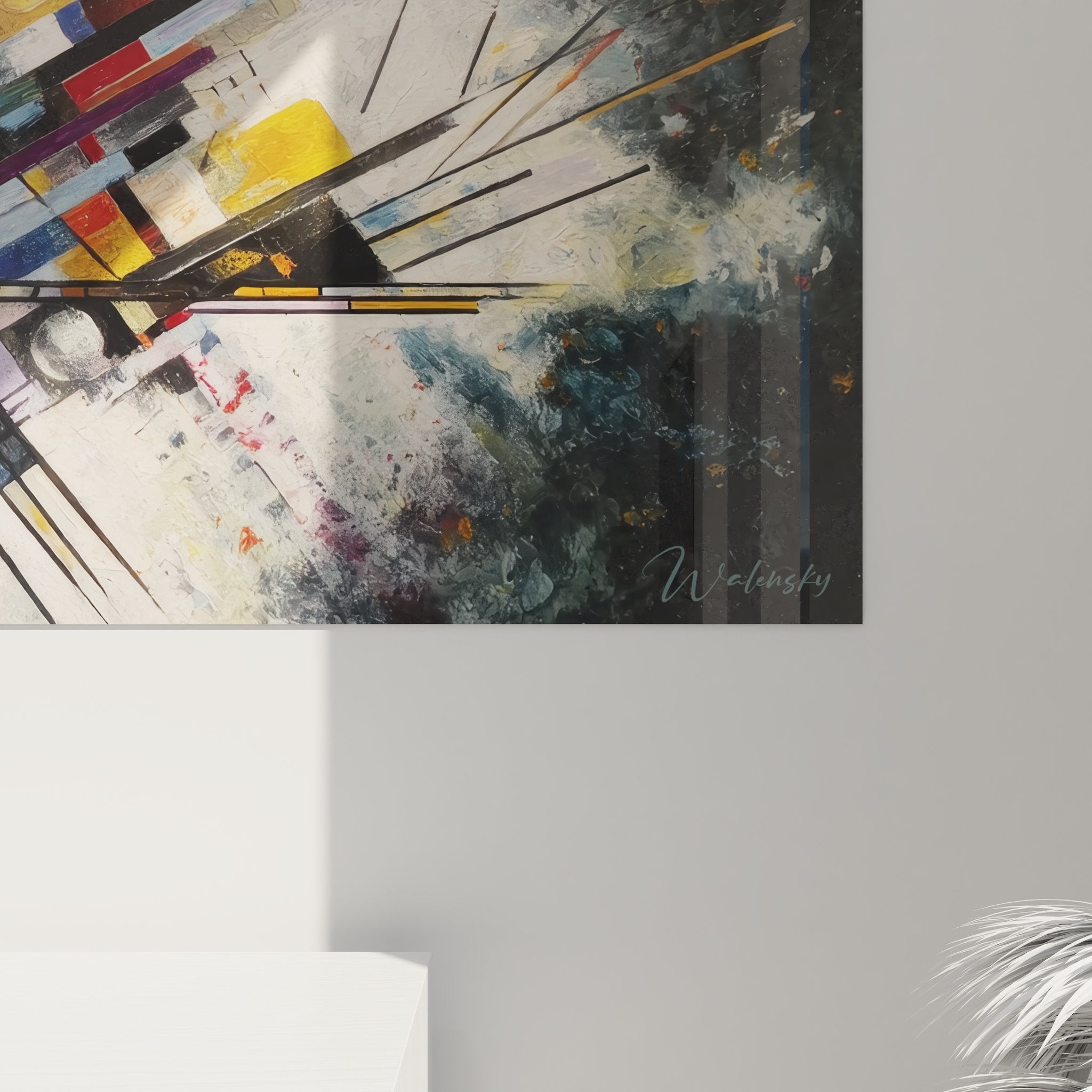 Vue ensemble tableau mural géométrique abstrait présentant composition explosive et éléments colorés