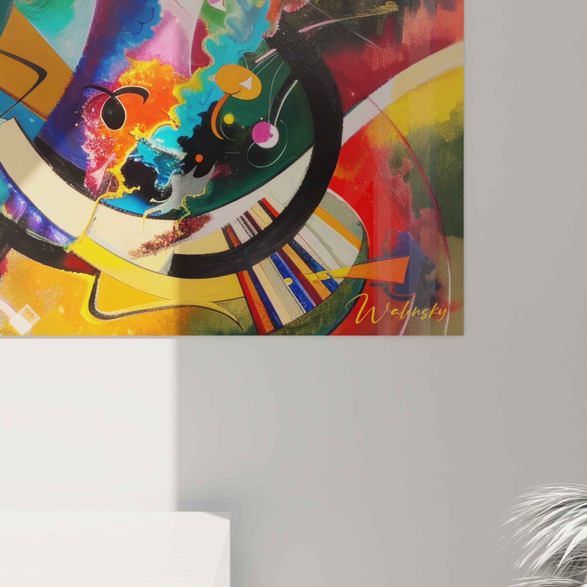 Vue d'ensemble tableau mural géométrique abstrait présentant composition complète des formes colorées