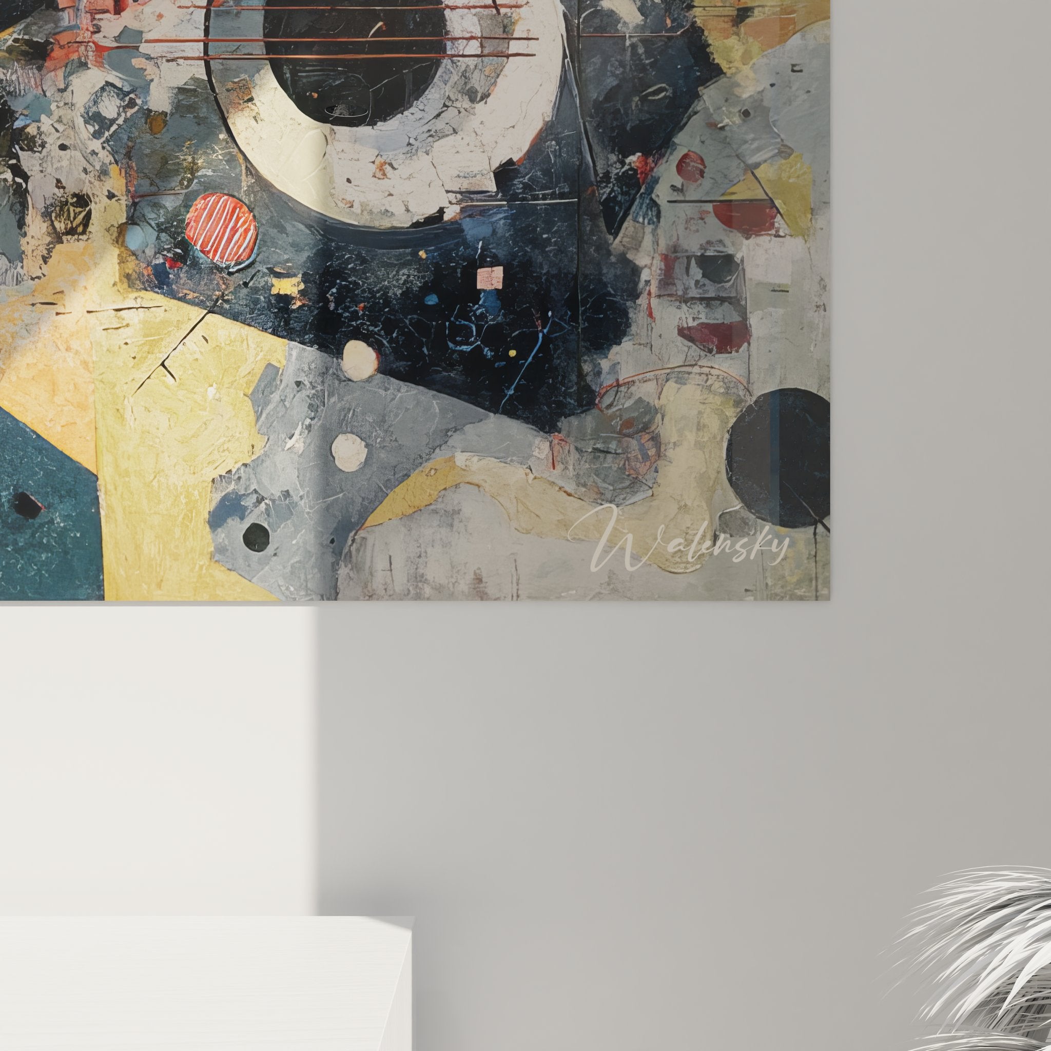 Vue d'ensemble tableau mural géométrique abstrait dans décoration intérieure moderne