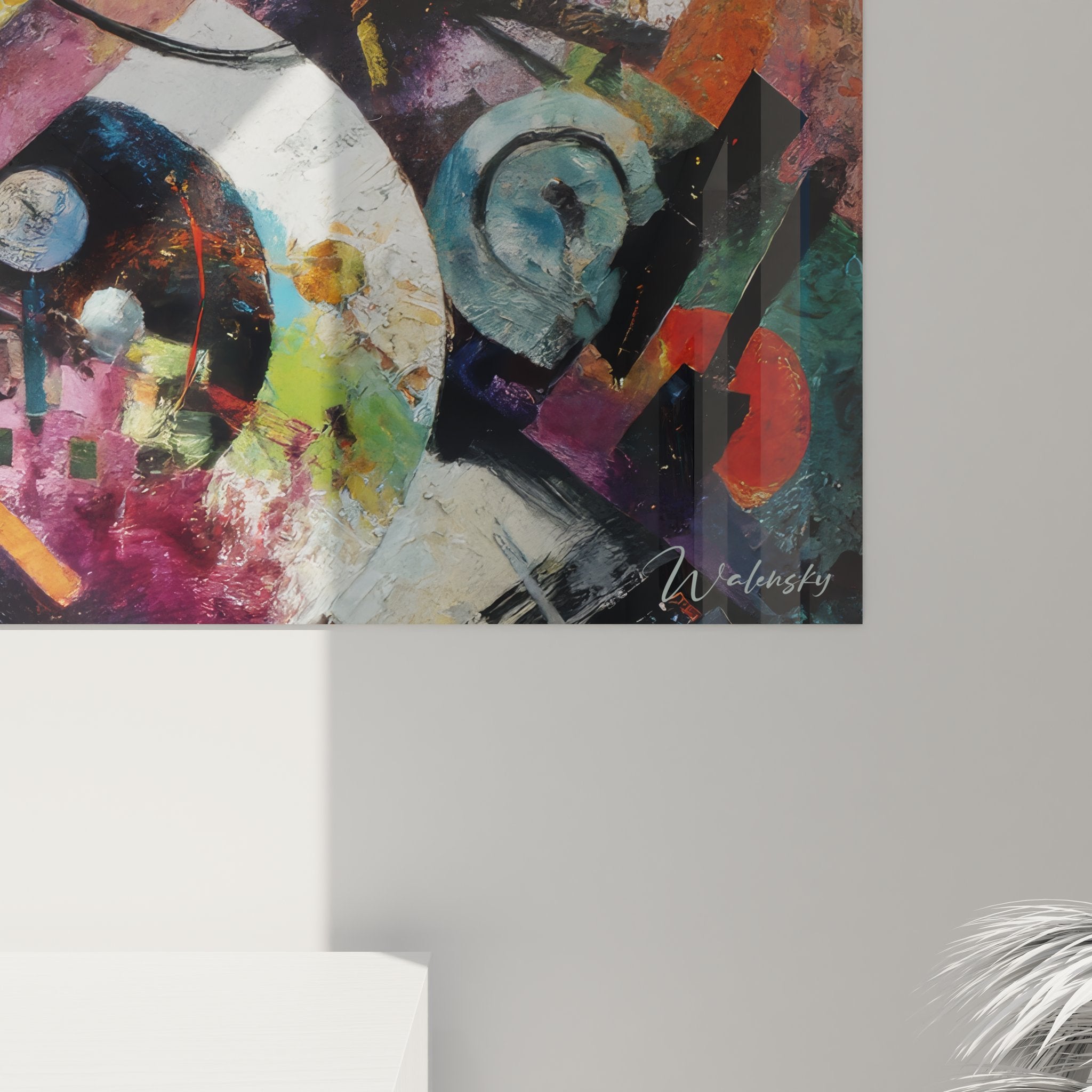 Vue d'ensemble du tableau mural géométrique abstrait dans son environnement décoratif