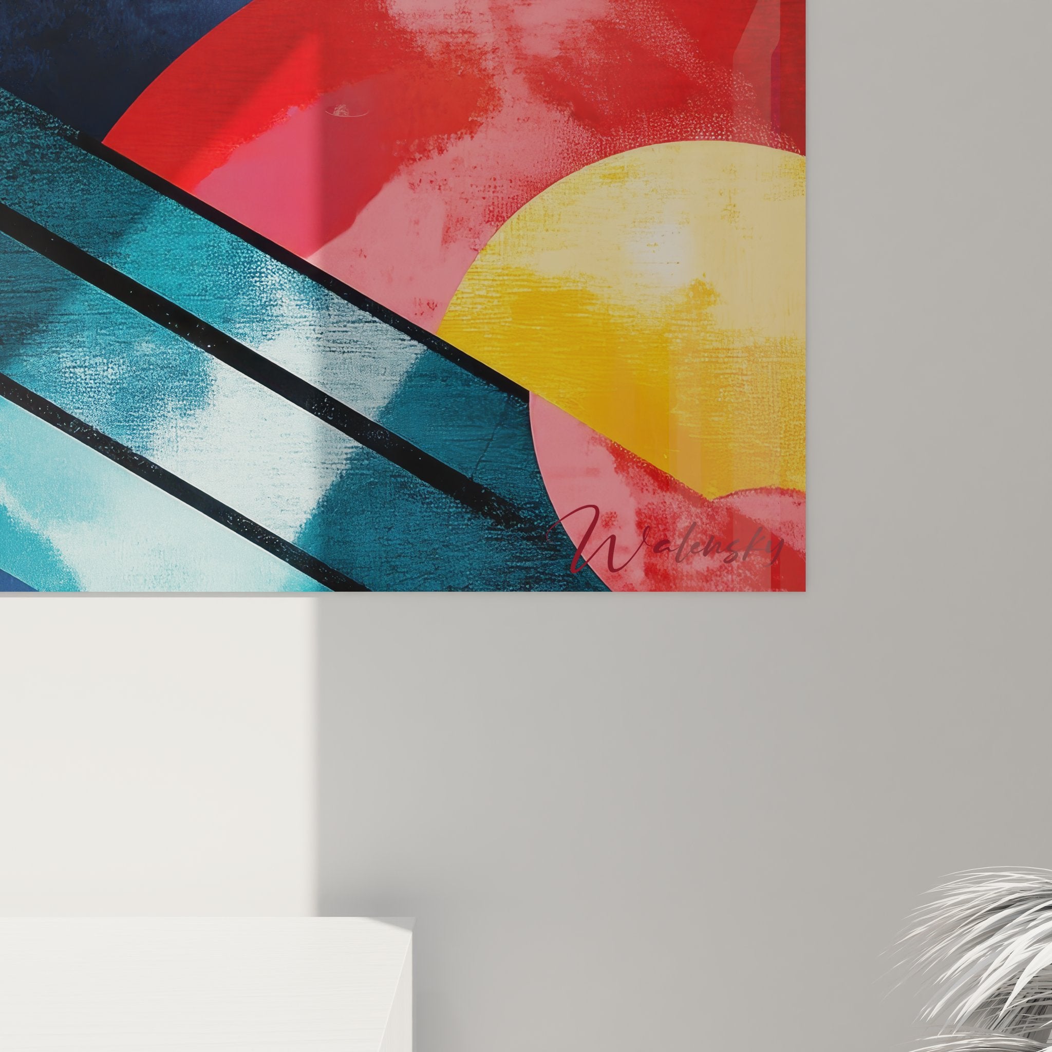 Vue ensemble tableau mural géométrique abstrait avec formes dynamiques multicolores