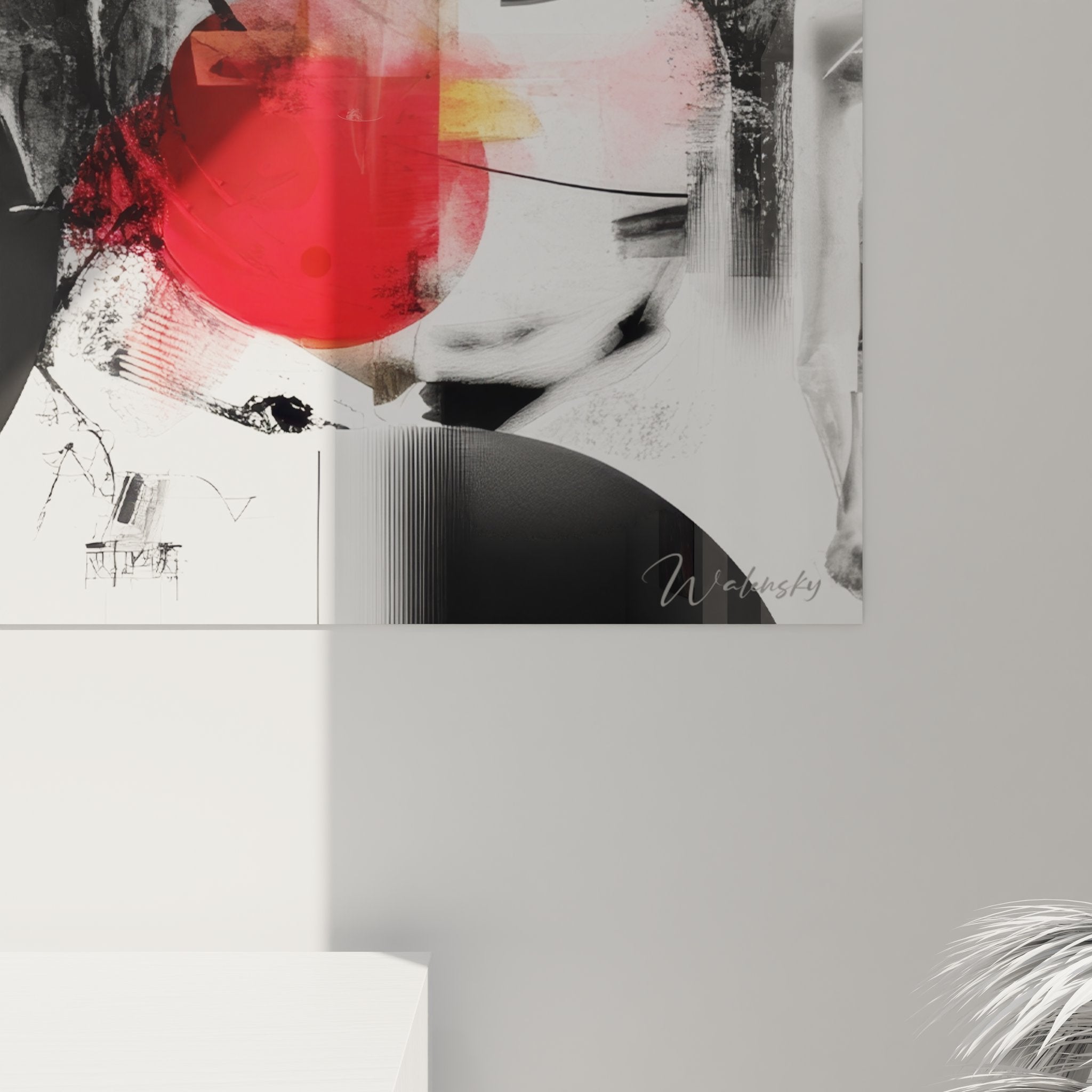 Vue ensemble tableau mural géométrique abstrait noir rouge art moderne décoration