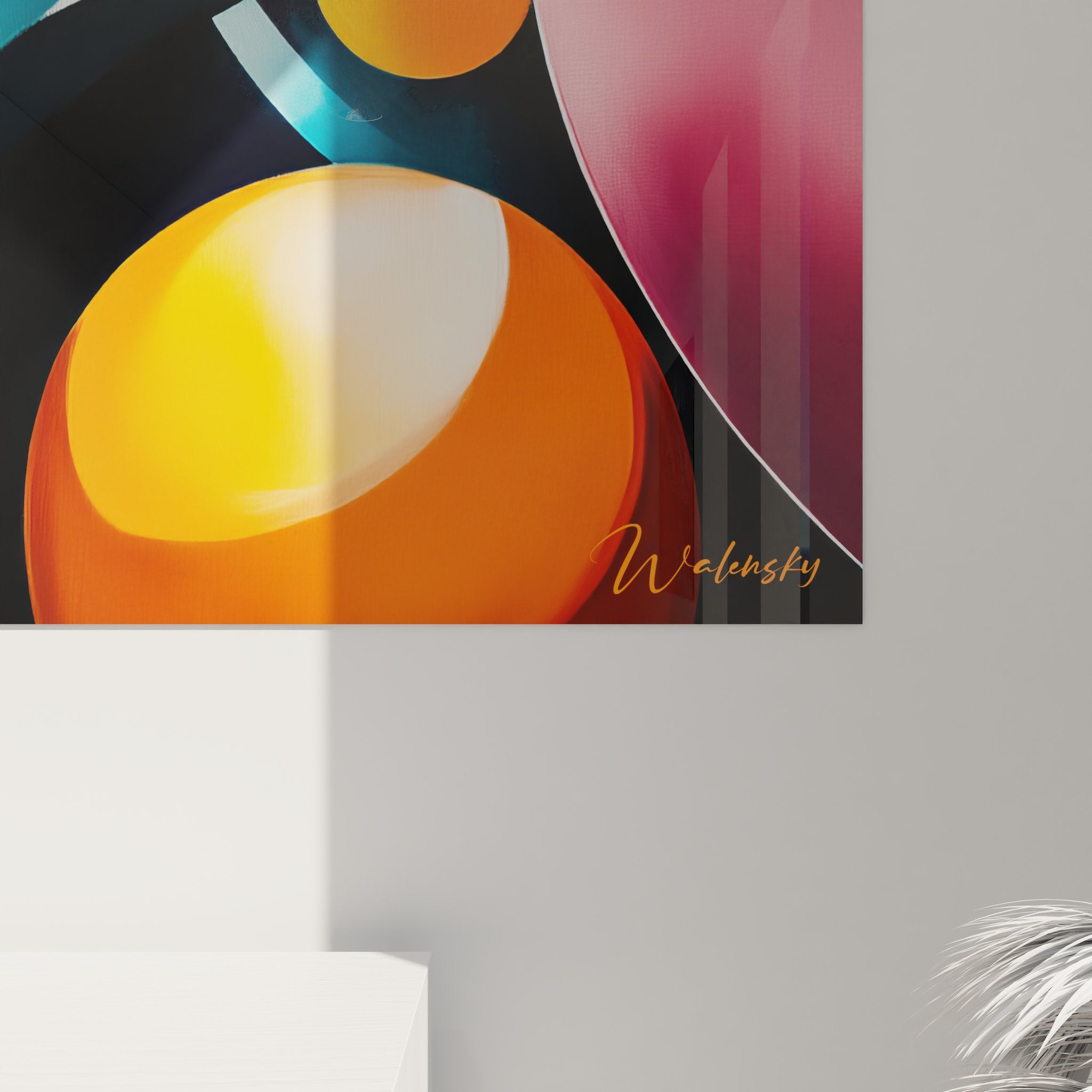 Vue ensemble tableau mural géométrique abstrait, composition colorée de formes dynamiques, art contemporain