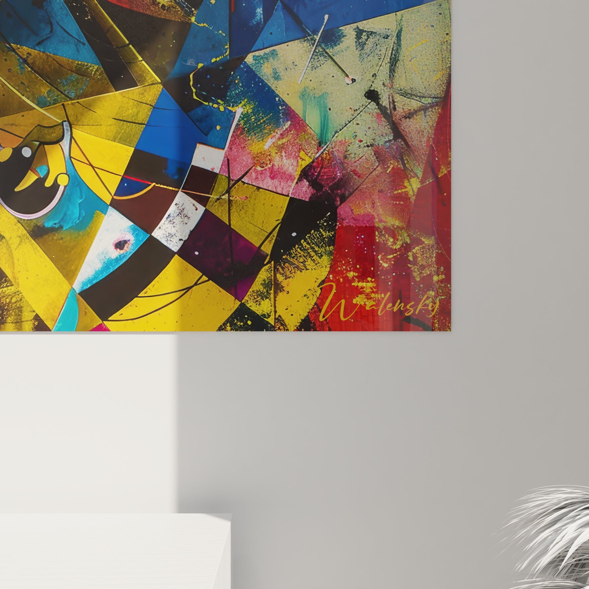 Vue d'ensemble du tableau géométrique abstrait mural, composition complète des formes colorées