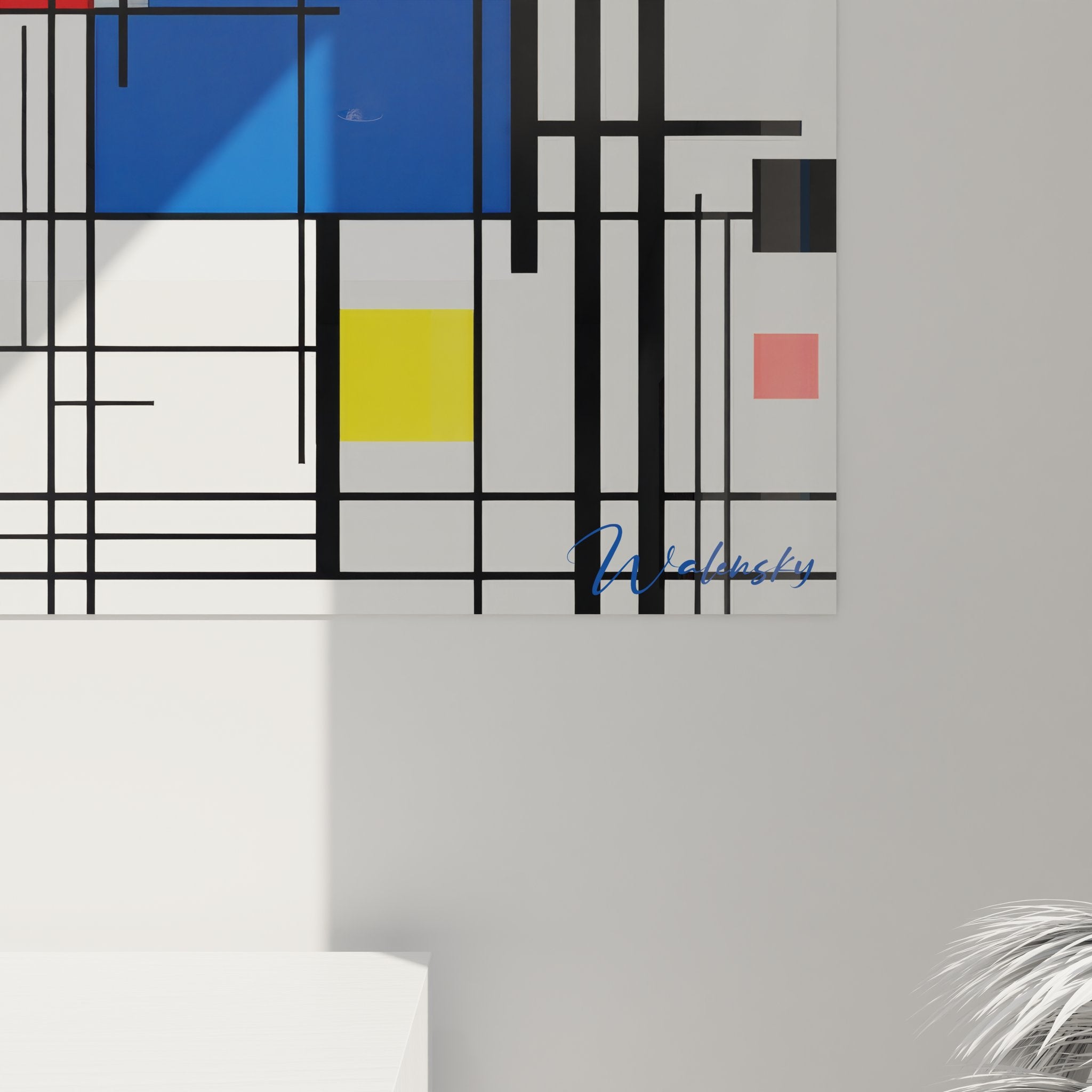 Vue ensemble tableau mural géométrique abstrait composition Mondrian avec rectangles colorés
