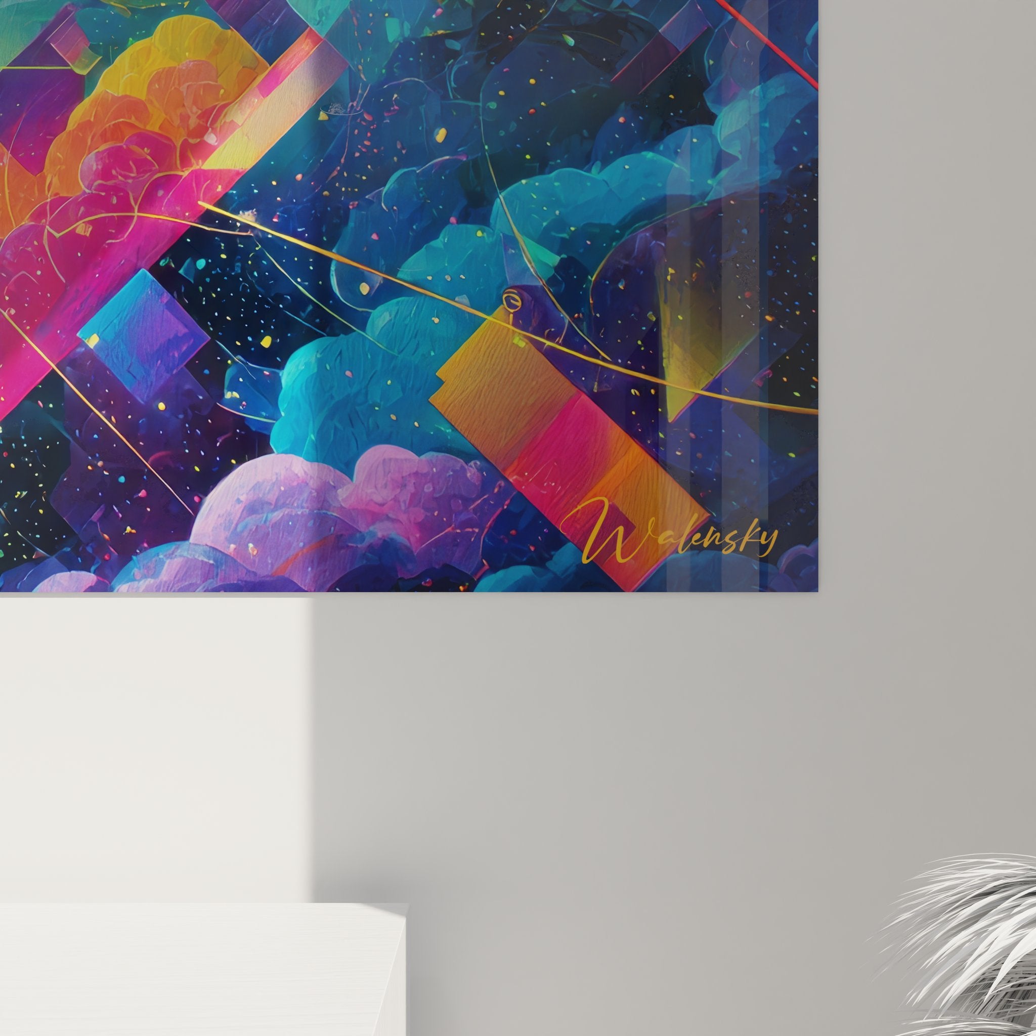 Vue d'ensemble tableau mural géométrique abstrait cosmos avec composition complète visible