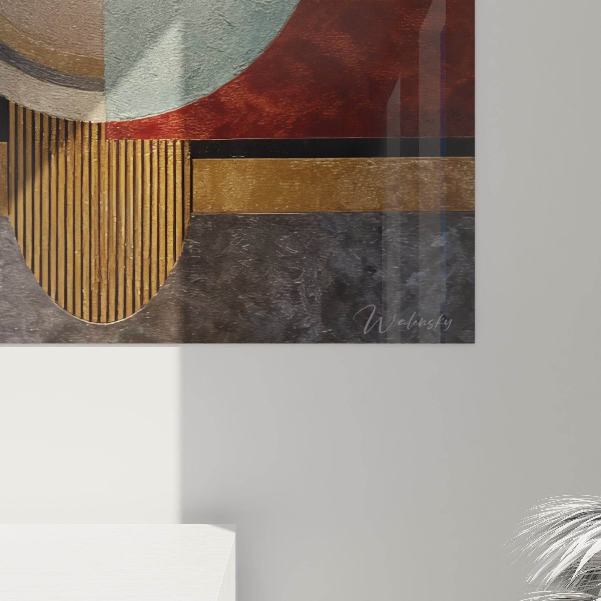 Vue ensemble tableau mural abstrait géométrique doré bleu culture africaine art contemporain