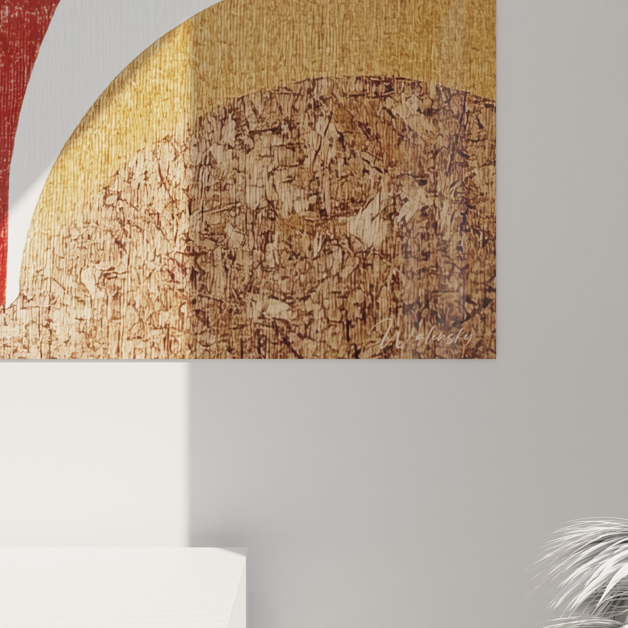 Vue ensemble tableau mural géométrique minimaliste composition abstraite rouge ocre design