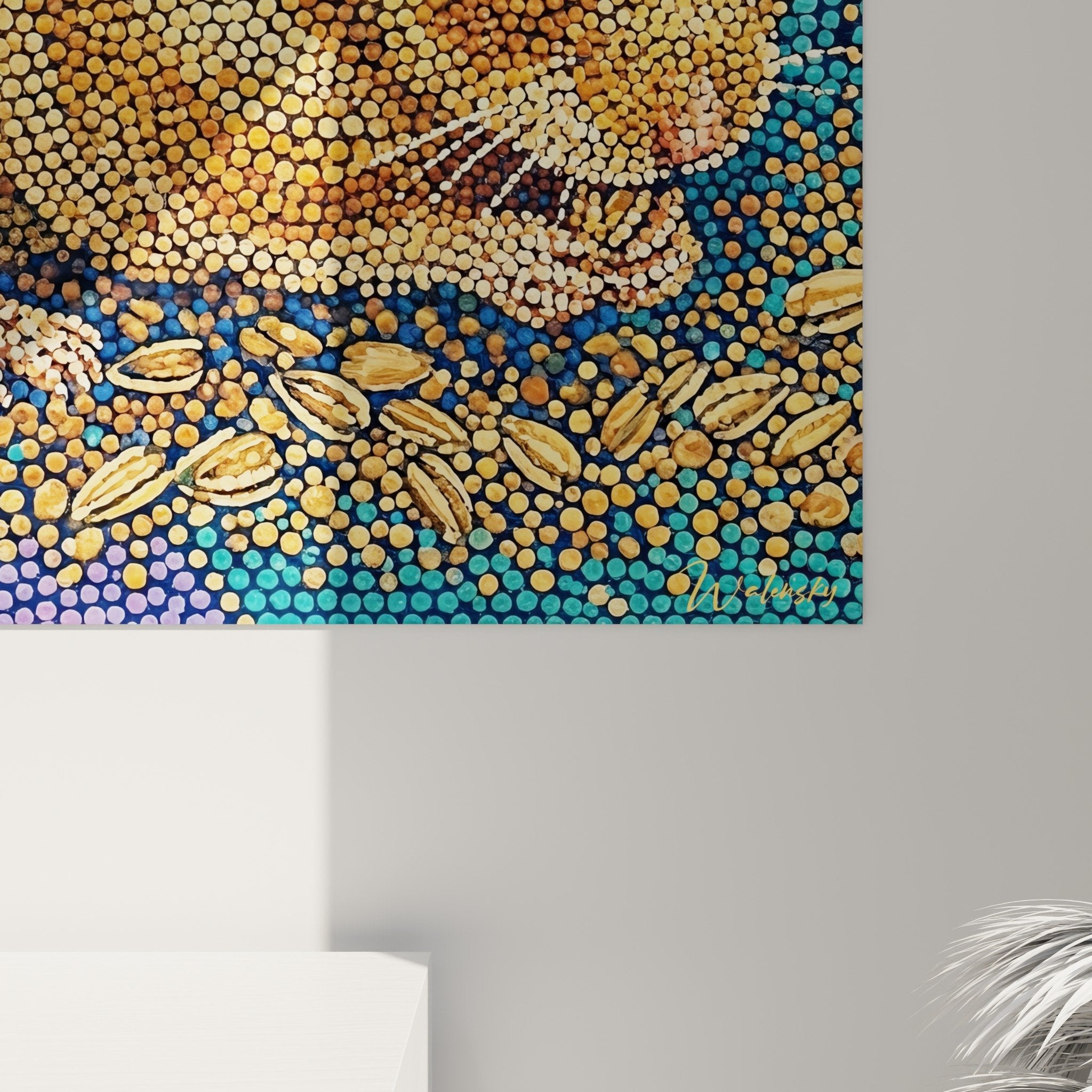 Vue d'ensemble tableau mural hamster art pointilliste déco intérieur couleurs vives