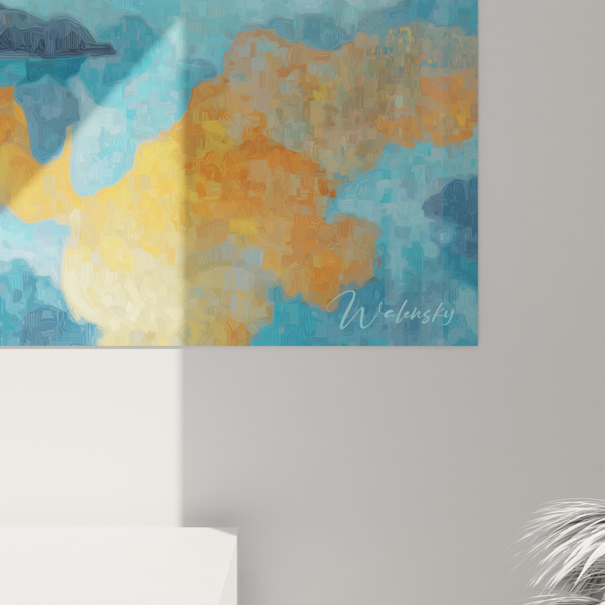 Vue ensemble tableau île tropicale avec palmiers et nuages orangés, art mural paysage paradisiaque