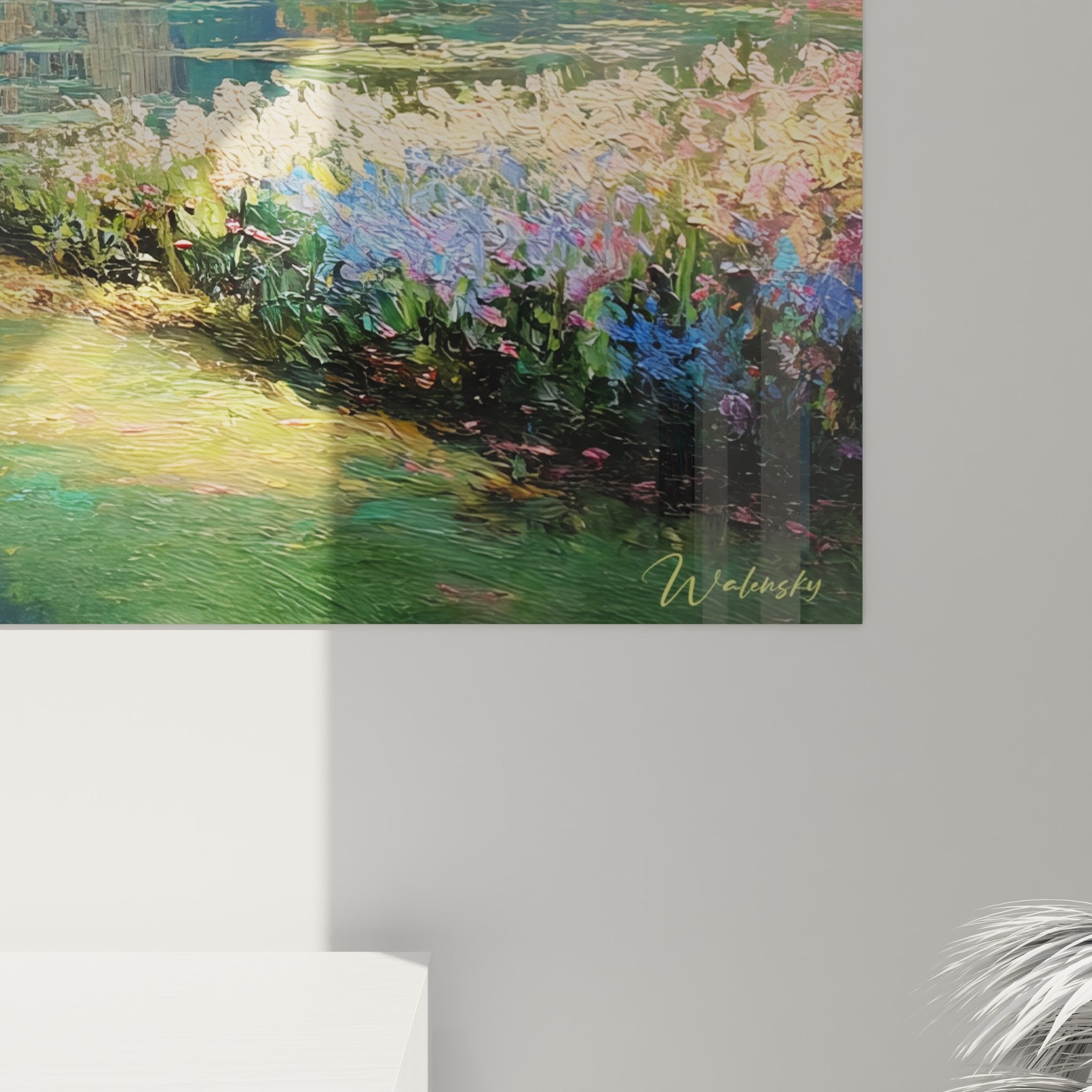 Vue ensemble tableau mural jardin impressionniste, saule pleureur et massifs floraux colorés