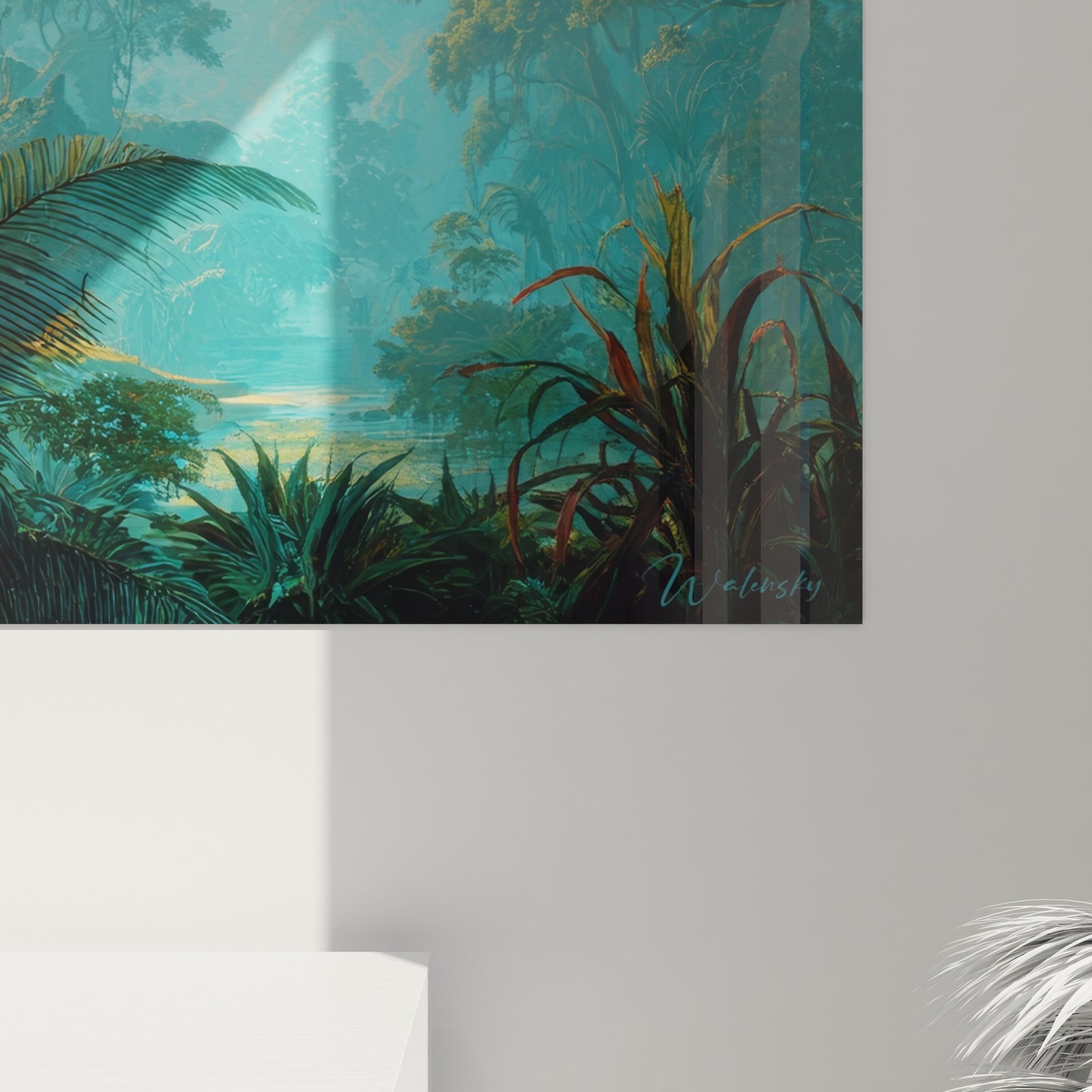 Vue ensemble tableau mural jungle tropical avec palmiers et forêt mystique aux couleurs chaudes