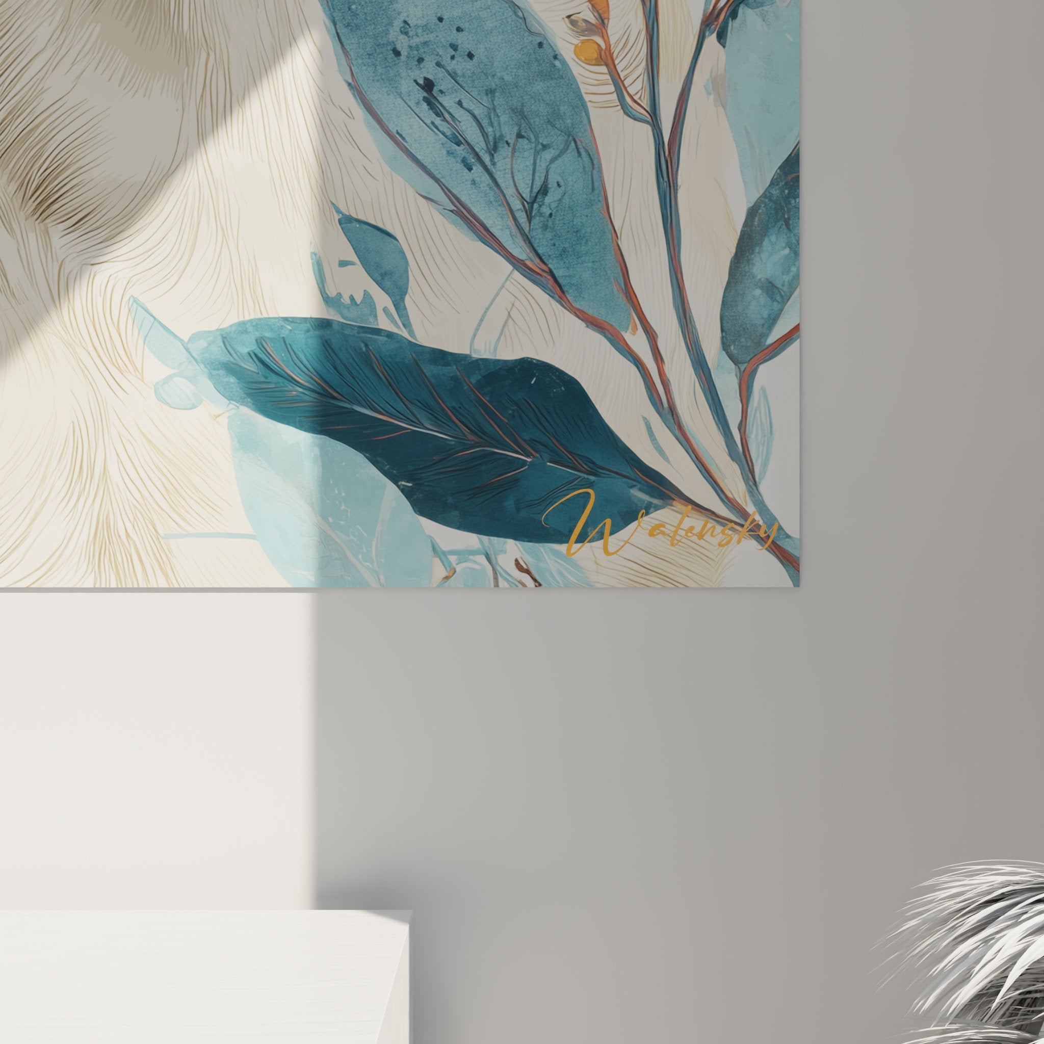 Übersicht des Wandgemäldes Labrador Retriever in pflanzlichem Rahmen in Blau- und Orangetönen