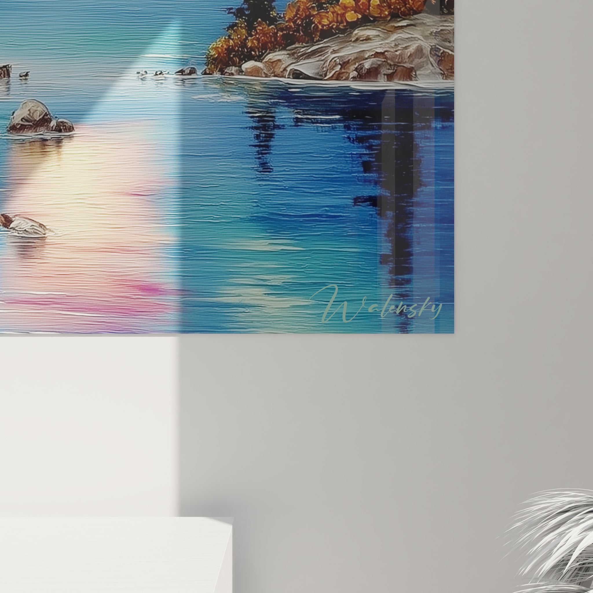 Gesamtansicht Wandbild Berg, dekorative Kunst alpiner See bei farbigen Sonnenaufgängen