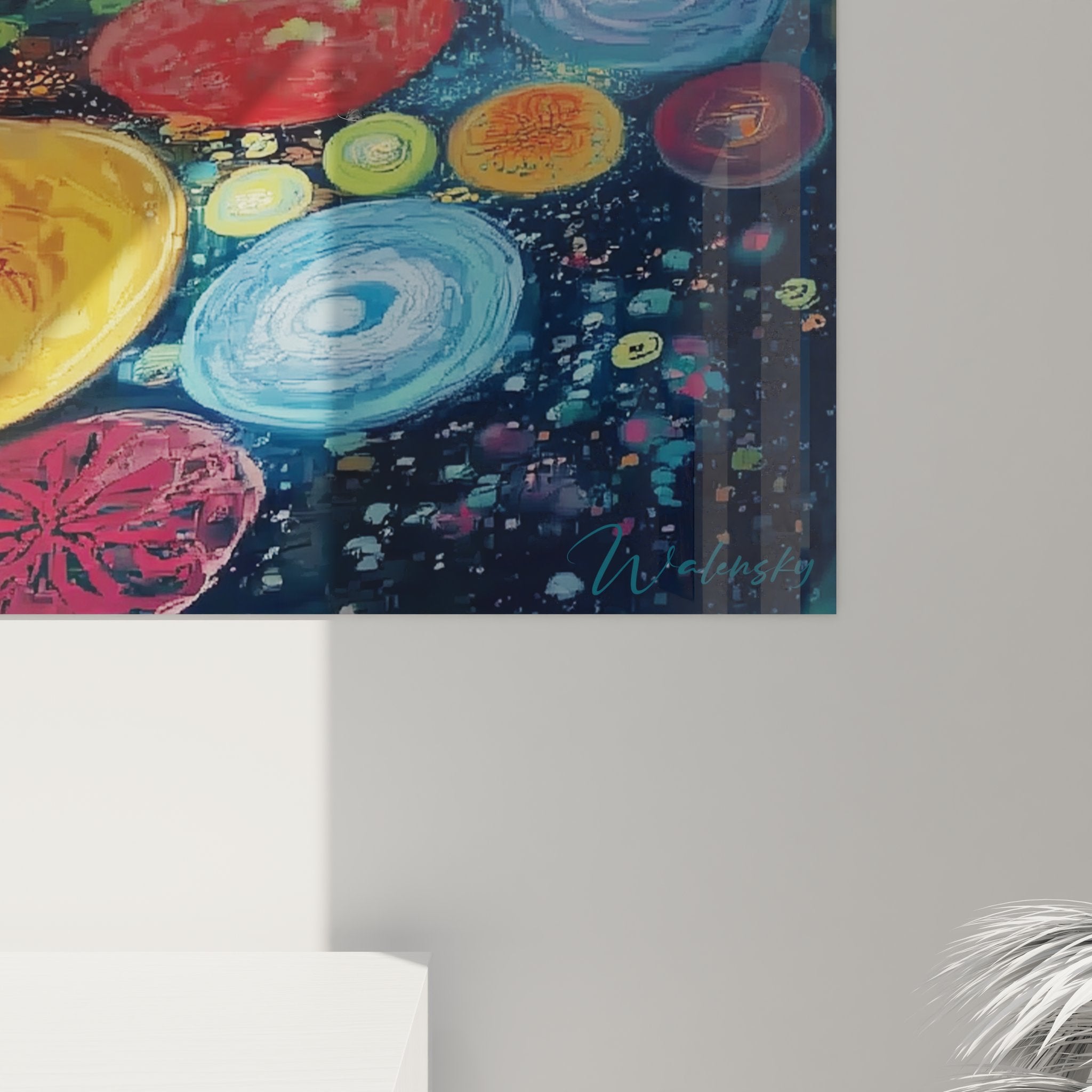 Vue d'ensemble tableau mural lac automnal, composition complète avec rochers et reflets aquatiques colorés