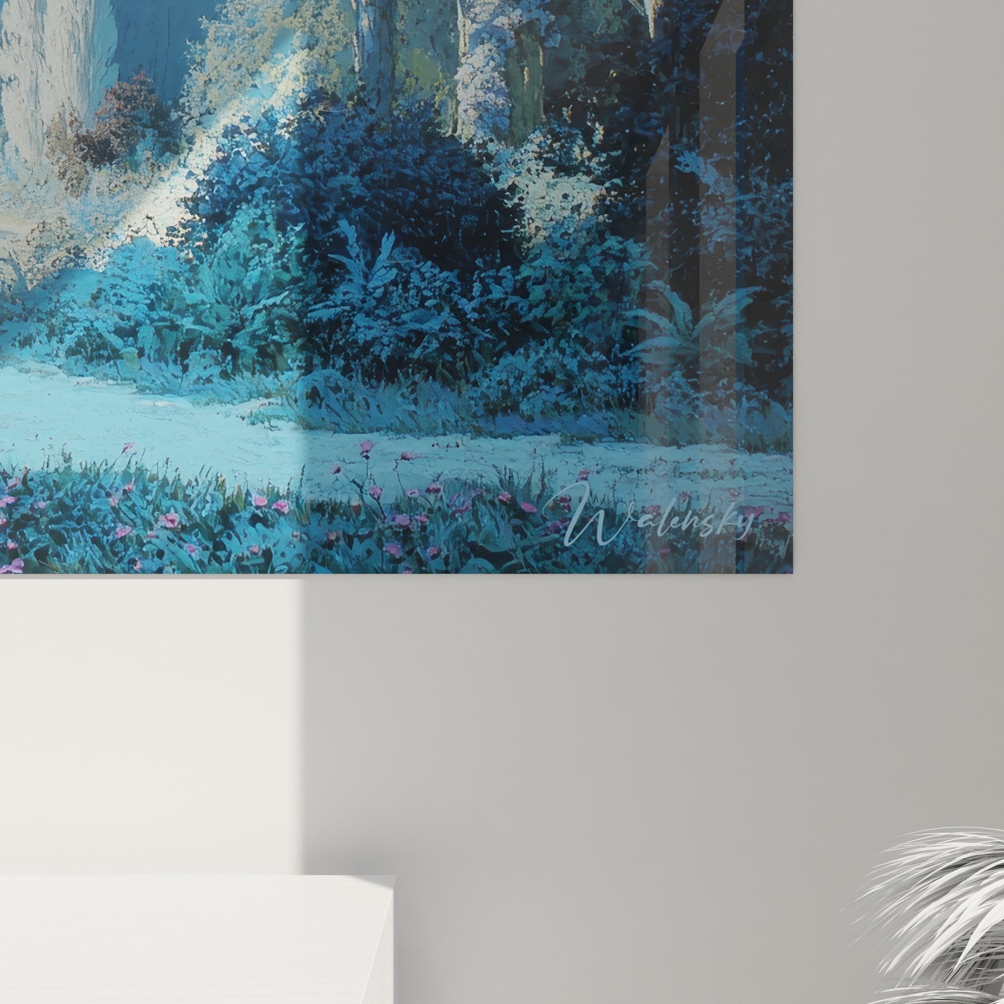 Vue d'ensemble tableau mural lac mystique révélant l'harmonie des couleurs bleues et la composition