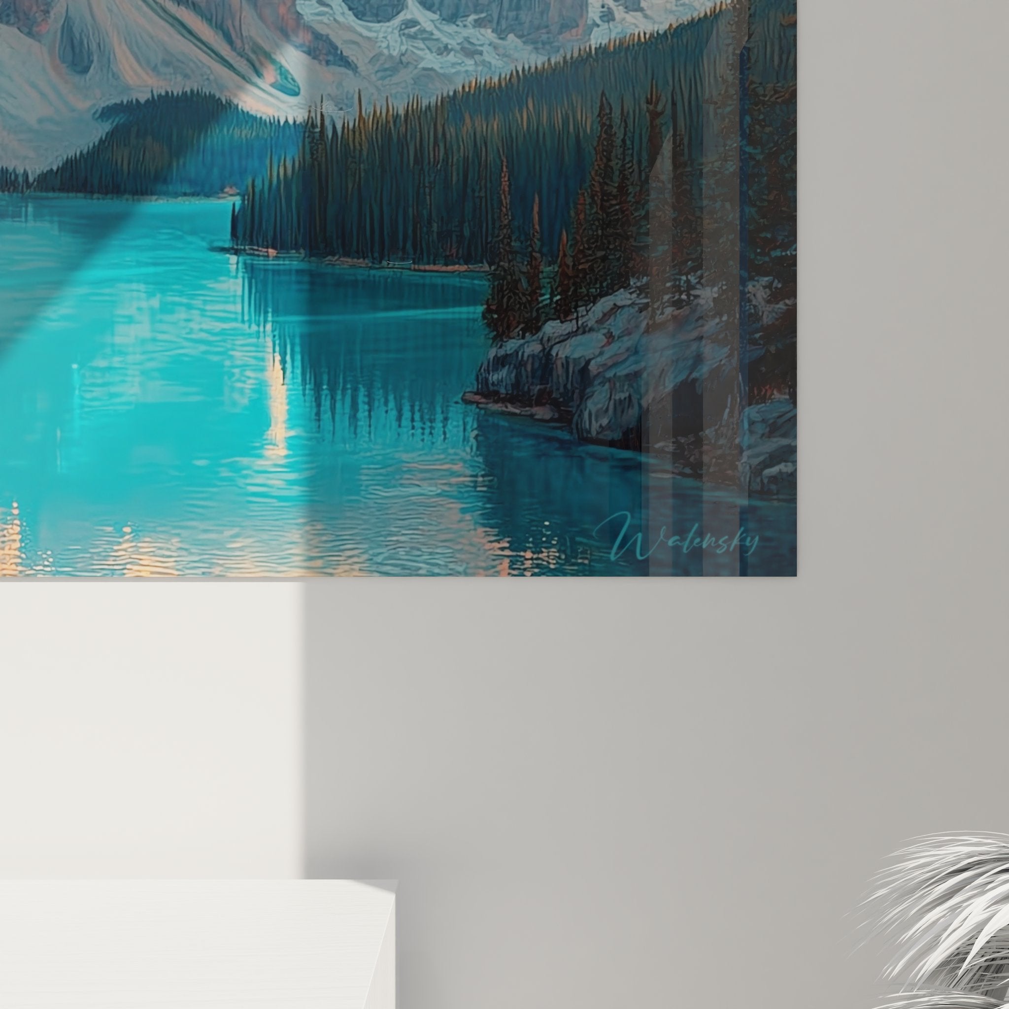 Vue ensemble tableau mural lac montagne coucher soleil, œuvre art paysage alpin déco nature
