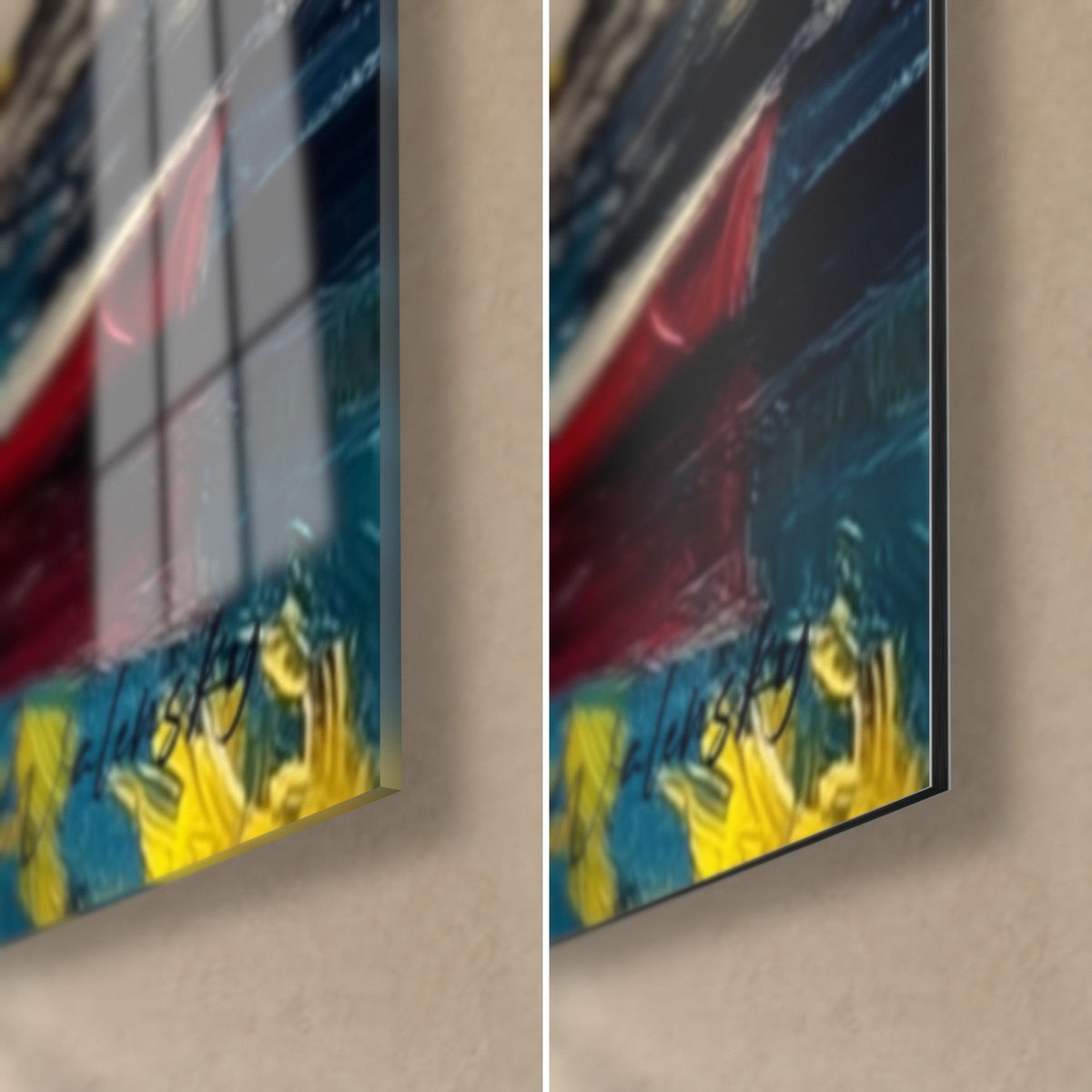 Quadro barca scarlatta su acqua blu profondo, angolo in basso a destra in vetro acrilico lucido e alluminio Dibond opaco, spessore di 3 mm visibile