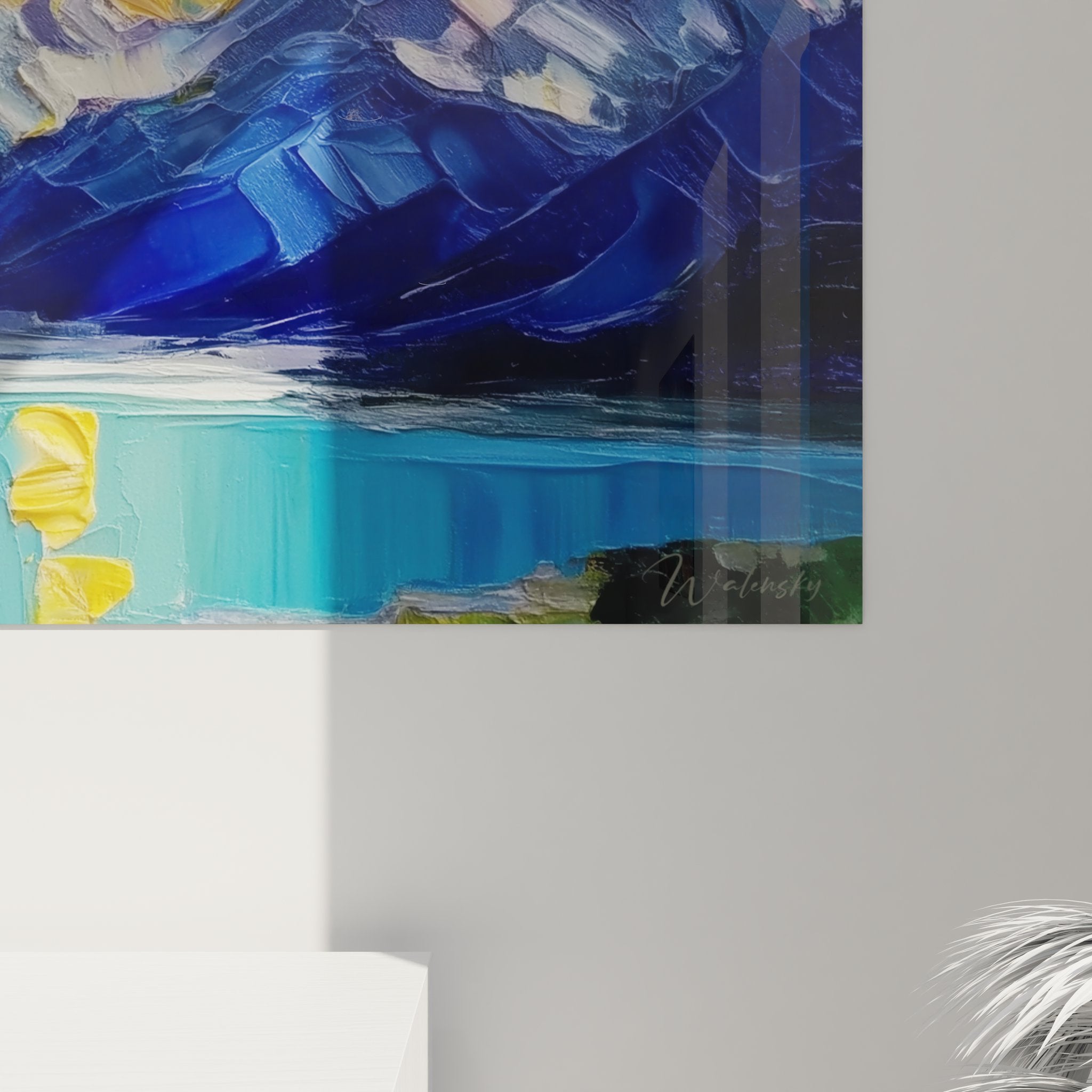 Vue ensemble tableau mural lac, composition complète reflets colorés sur eau calme