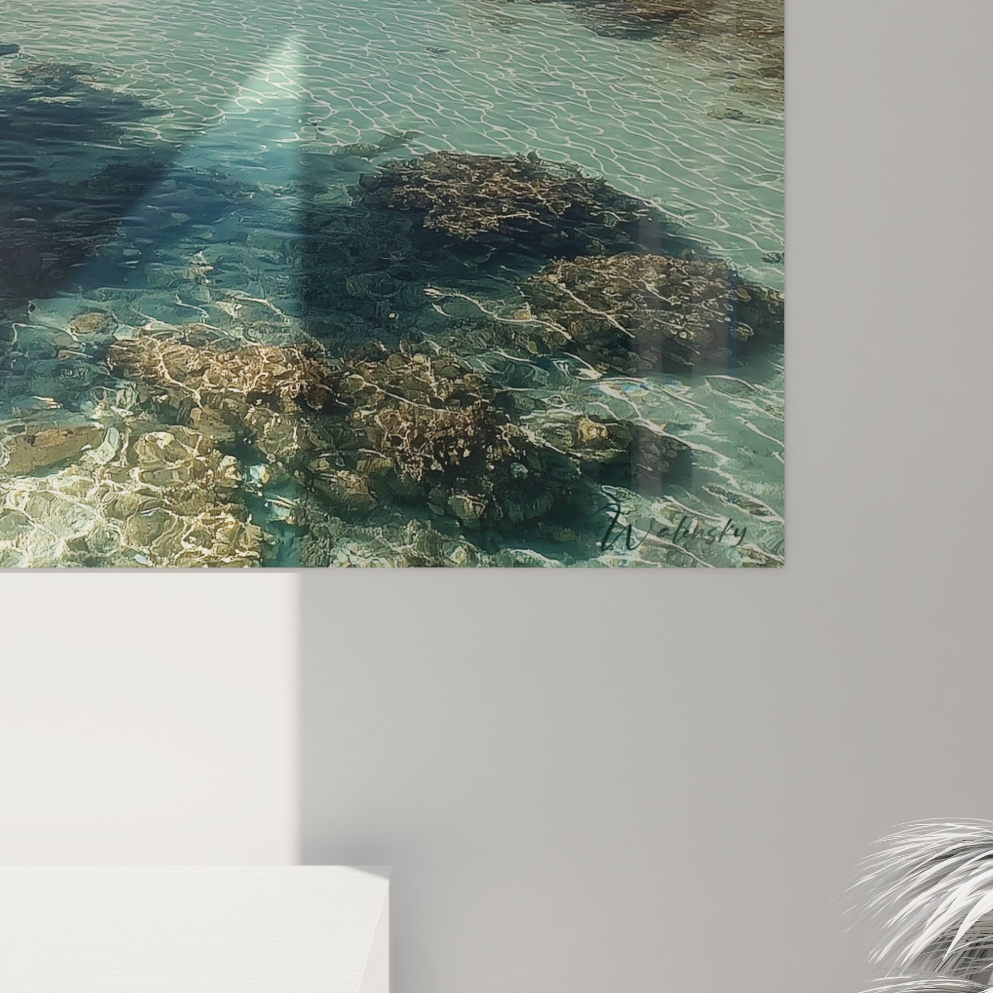 Vue ensemble tableau mural lagon tropical Seychelles dans salon moderne décoration plage